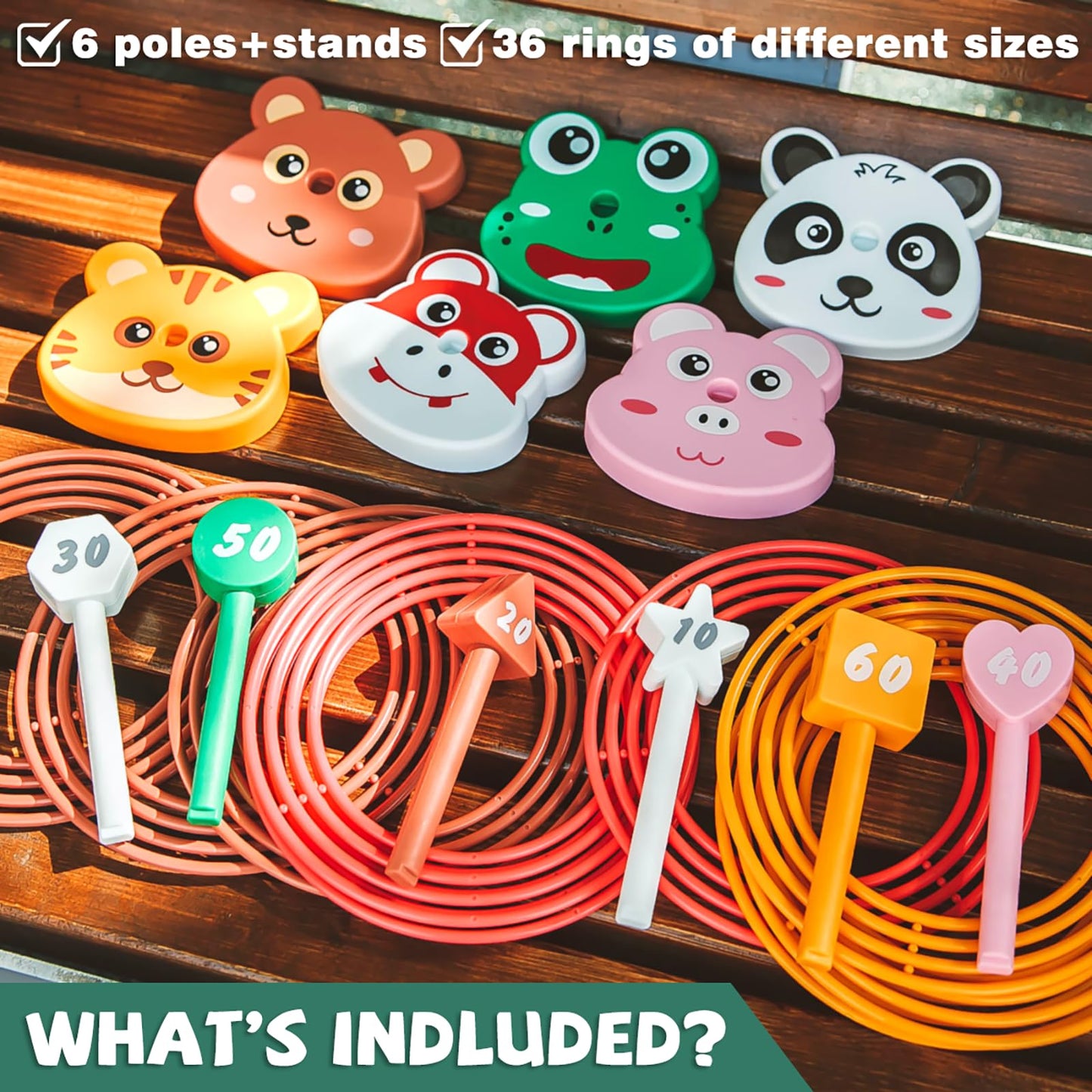 Animal Ring Toss Game Toy Set for Kids, 6 Targets Stands & 36 Rings Combo, Indoor Outdoor Party Yard Family Adults Activity, Holiday Present Birthday Gift for Toddlers Boys Girls Child Ages 3+