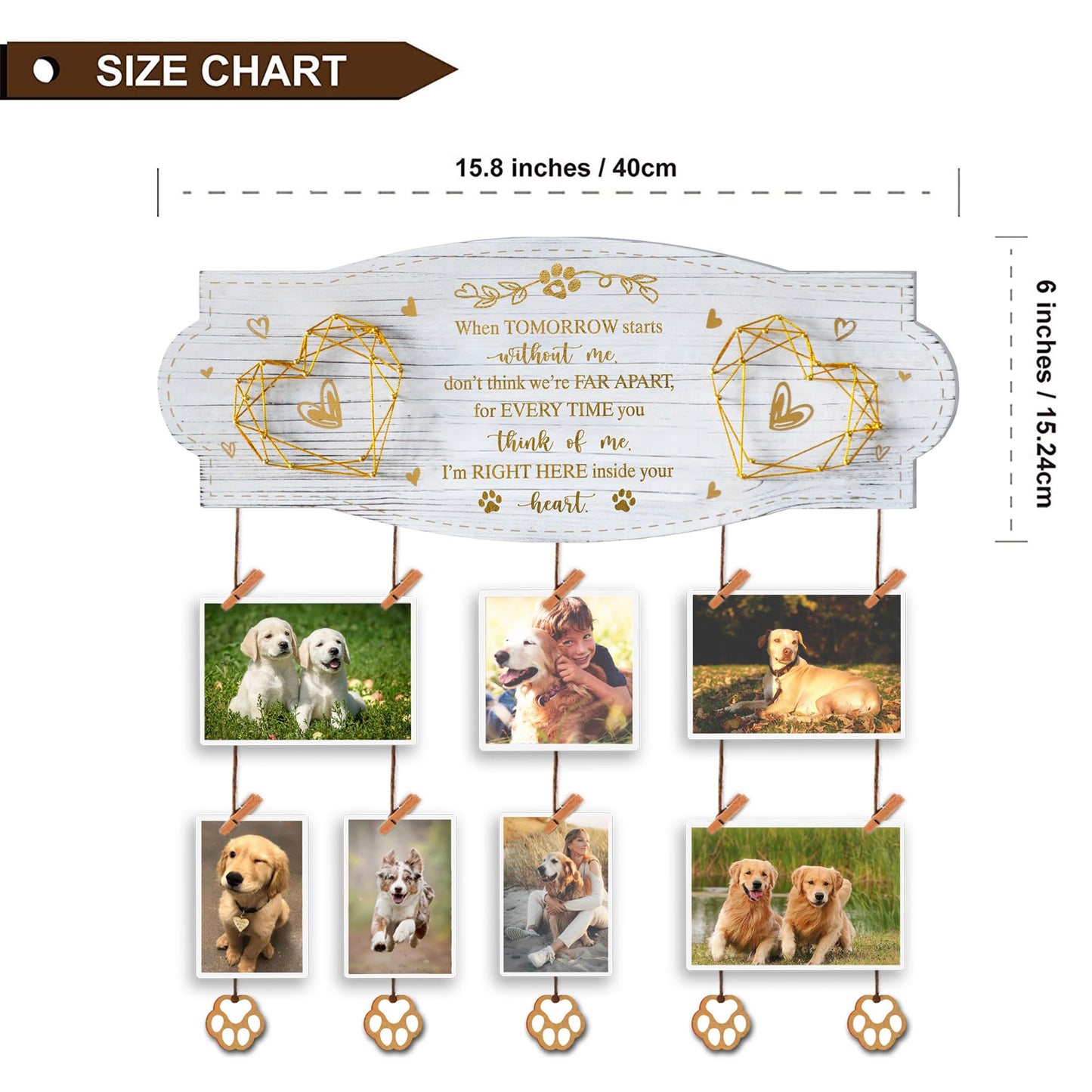 EXQUIDECA White Golden Memorial Picture Collage Board with Clips Twine and Paw Pendant - Bereavement Sympathy Grieving Gifts for Loss of Dog - House Wall decor for Dog Lover
