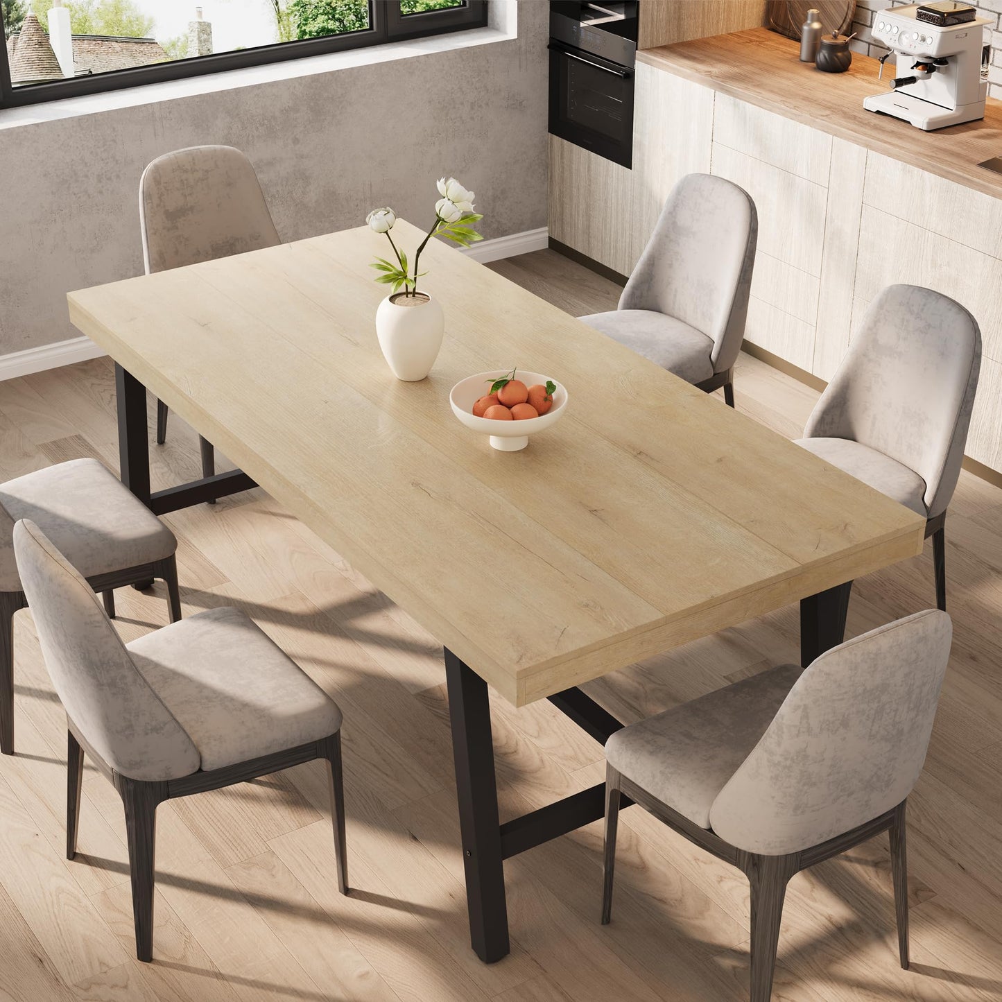 GarveeHome Industrial Dining Table for 6-8 People, 70.87" Long Wooden Kitchen Table with Sturdy Metal Frame & Natural Finish, Seats 6 Rectangular Counter for Dinner, Kitchen, Dining Room - Natural