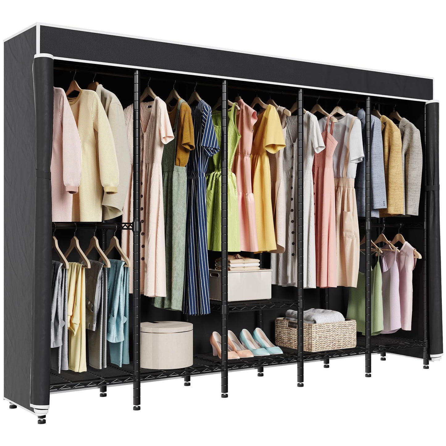 Higeego 94.5"W Heavy Duty Clothing Rack with Cover, H5C Garment Rack with Adjustable Shelves Freestanding Wardrobe Closet with Hanging Rods Portable Closet, Black Rack with Black Cover, Load 1400 lbs