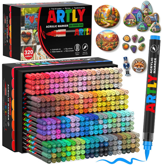320 Colors Soft Brush Tip Acrylic Markers Set, Paint Pens for Rock, Wood, Fabric, Canvas, Glass, DIY Crafts, Waterproof Paint Markers, Vibrant Acrylic Pens for Artists and Art Projects