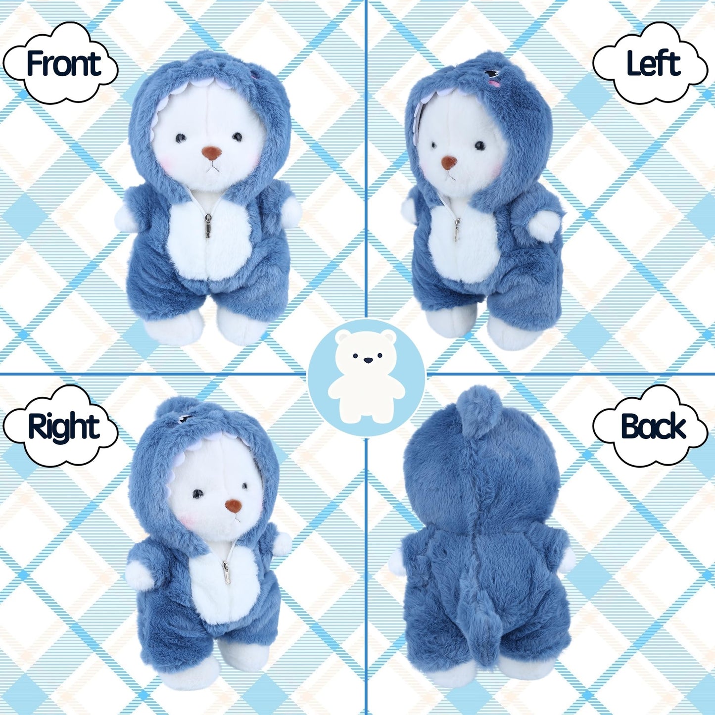 Teddy Bear Stuffed Animals, Teddy Bear Plushies Soft Funny Stuffed Toys with Removable Blue Shark Clothes, 13'' Emotional Support Cute Plush Figure Toys with Movable Legs for Toodlers Kids Women