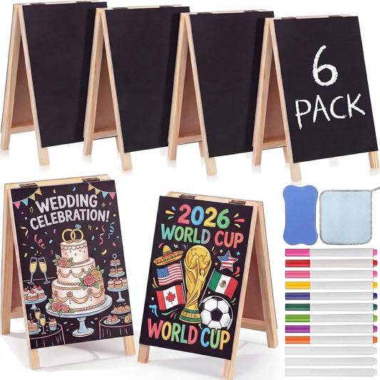 6 Pack Mini Chalkboard Easel Signs Set 4.5" x 7.5" Rustic Double-Sided Wooden Tabletop Small Chalkboard Sign Chalk Board Frame Menu Board for Business Cafe Wedding Restaurant Bar(Wood Color)