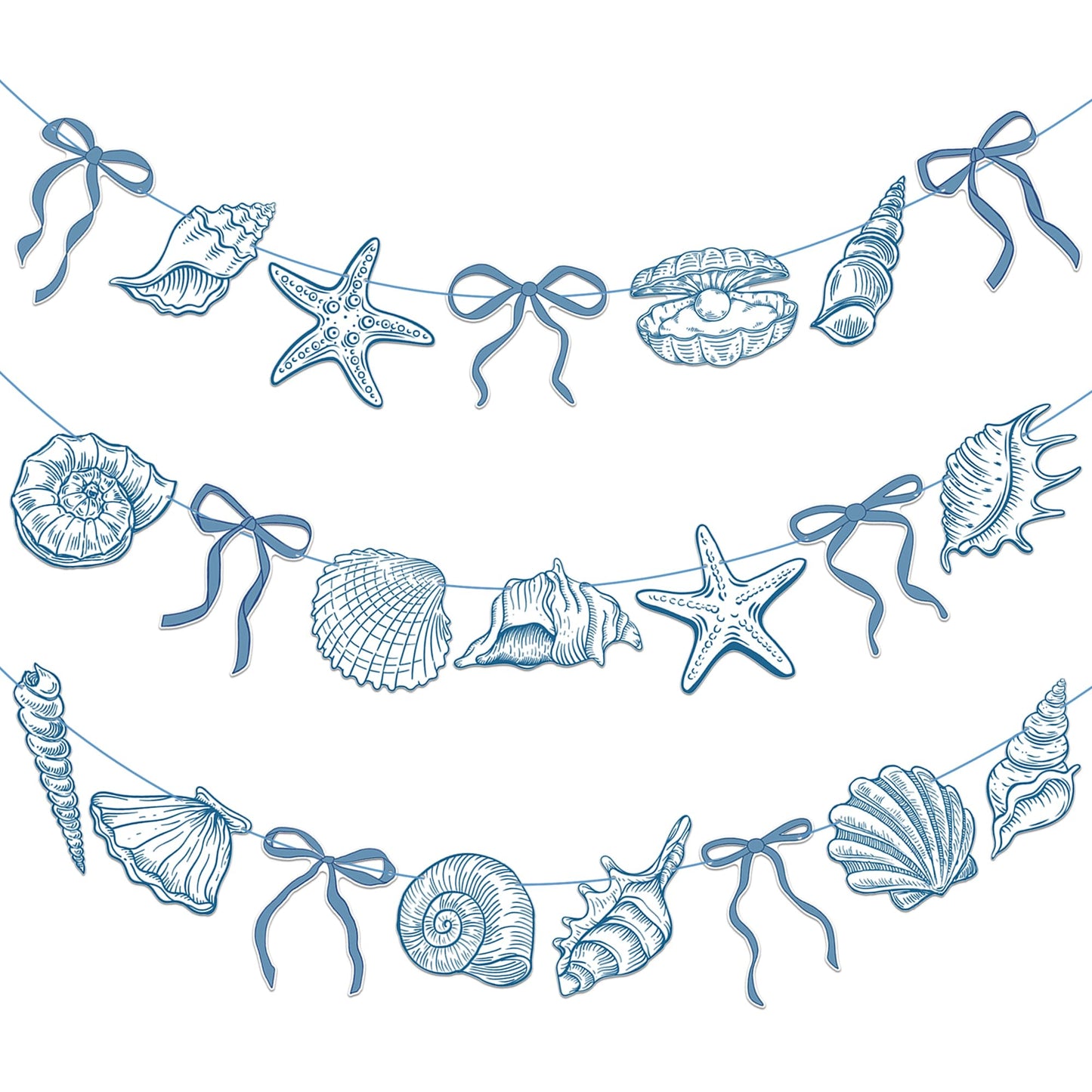 Summer Coastal Beach Party Supplies 3PCS Blue Bow Starfish and Seashell Banners Nautical Party Decor Sea Starfish Seashell Cutout Banner for Baby Shower Wedding Bachelorette Birthday Decorations