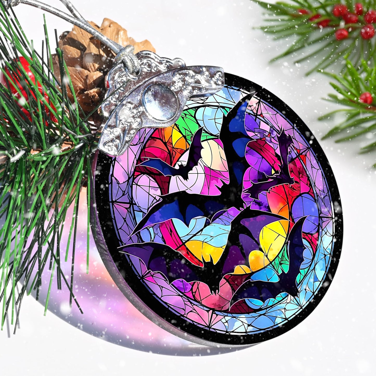 Jocidea Christmas Ornament, Bat Christmas Decor, Bat Ornaments for Christmas Tree, Stained Glass Ornament, Bat Gifts, Holiday Decorations and Xmas Gifts Ideas