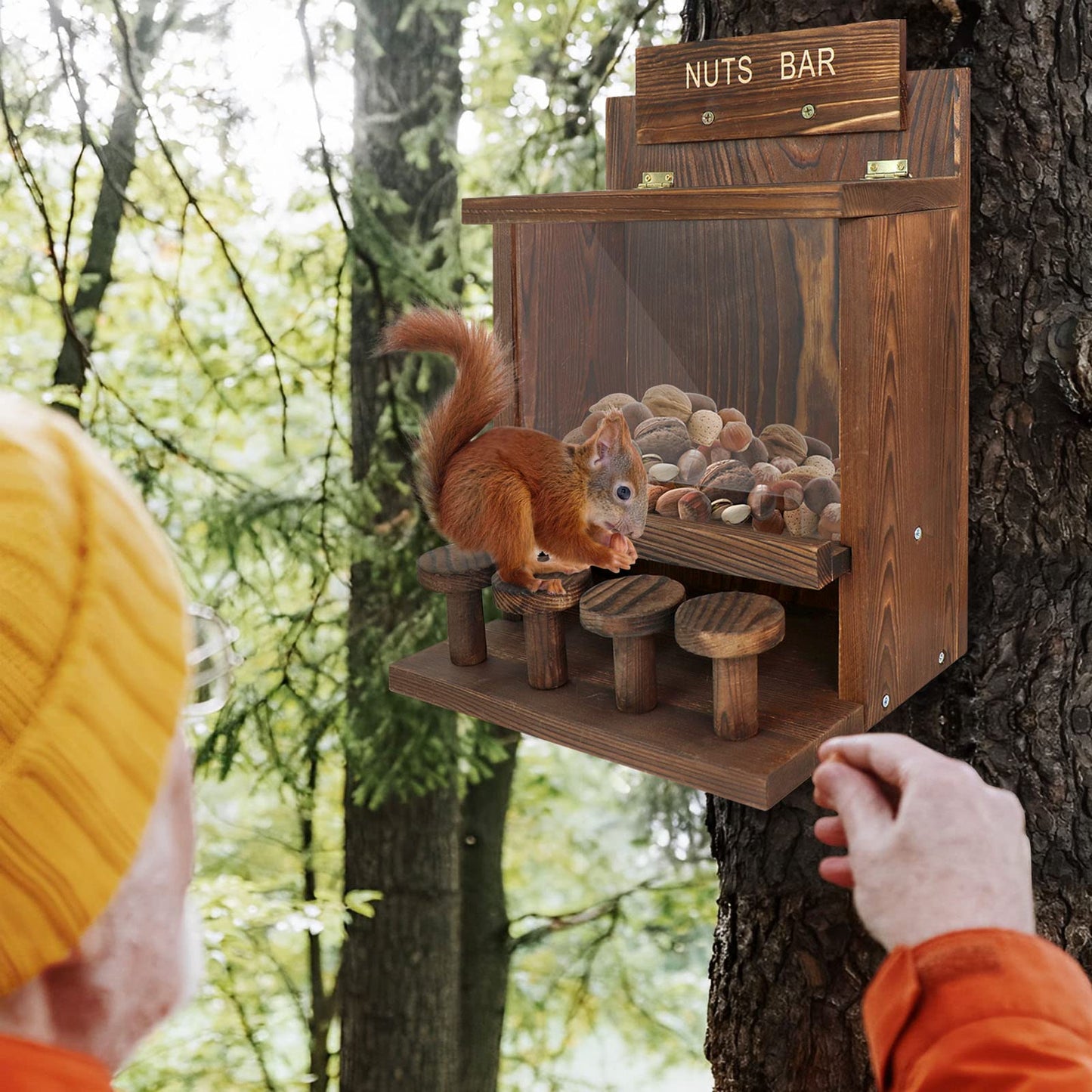 Carbonized Squirrel Feeder, Large Squirrel Feeders for Outside Funny Squrrill Nuts Bar, Durable Wooden Chipmunk House Box for Corn Peanuts