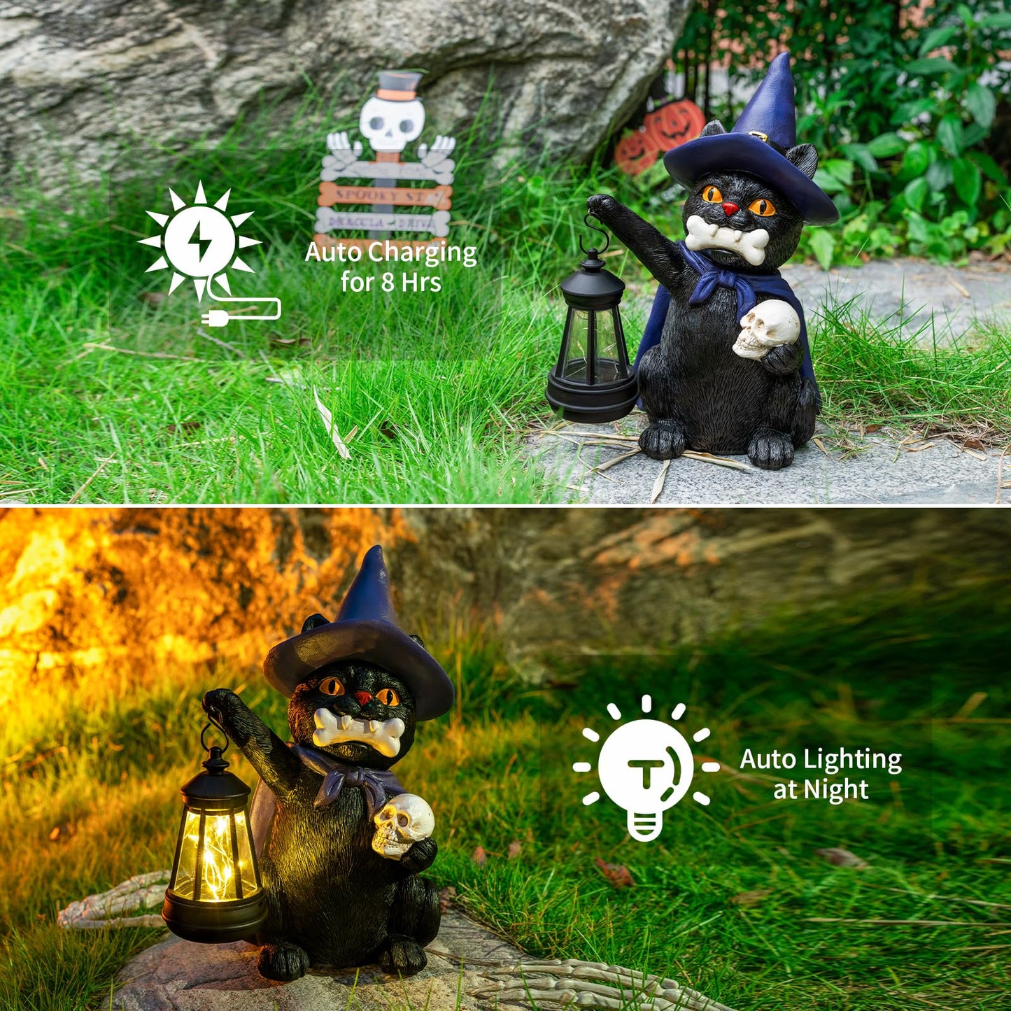 WONDHOME Halloween Black Cat Decor Spooky Solar Cat Garden Statues Holding Skull with LED Lantern Halloween Outdoor Decorations for Porch Patio Yard Lawn Holiday Gardening Gifts for Women