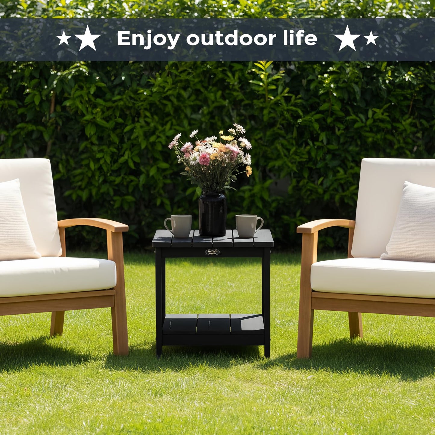 Square Outdoor Side Table Adirondack Side Table, Water-resistant & 2-Tier Small End Table for Patio, Beach Chair & Poolside, Bedside Table for Living Room & Bedroom, Easy Assembly, Black
