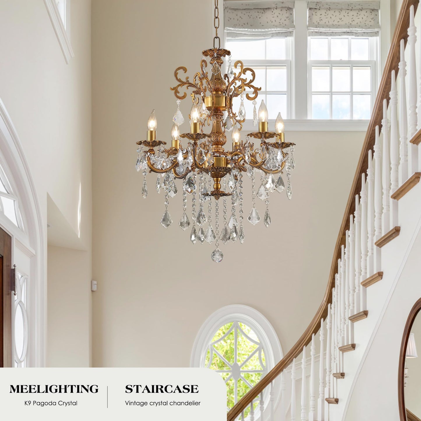 MEELIGHTING Luxury Antique Bronze Crystal Chandeliers with Candle Pendant Ceiling Light Fixture - 6 Lights Gold Crystal Chandelier for Dining Room, Living Room, Kitchen, Bedroom - D23 inch