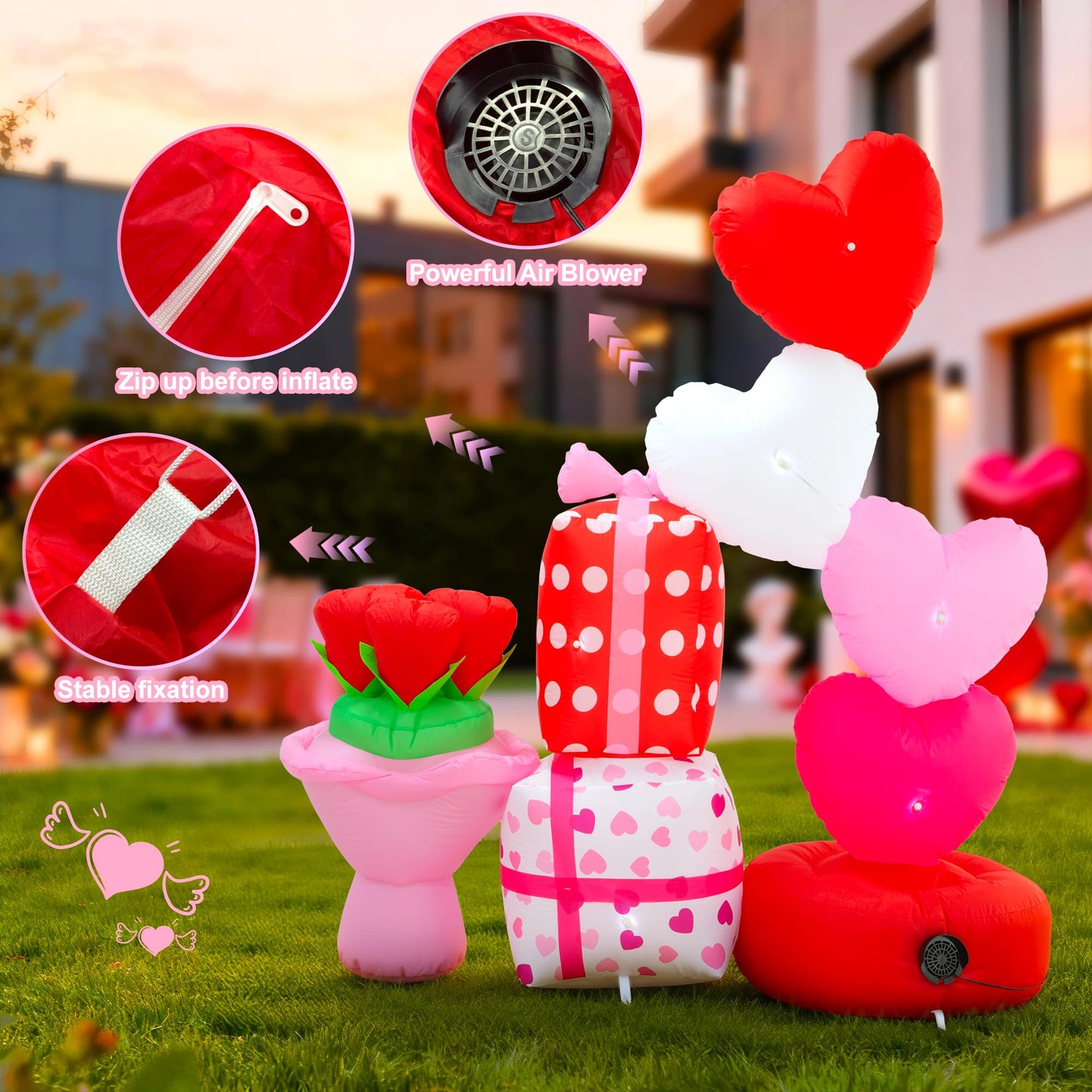 Valentine Inflatables Outdoor Decorations 6 FT Valentine's Day Inflatable Love Gift Box Bouquet Blow Up Decor with LED Lights for Yard,Lawn,Garden Romantic Gifts