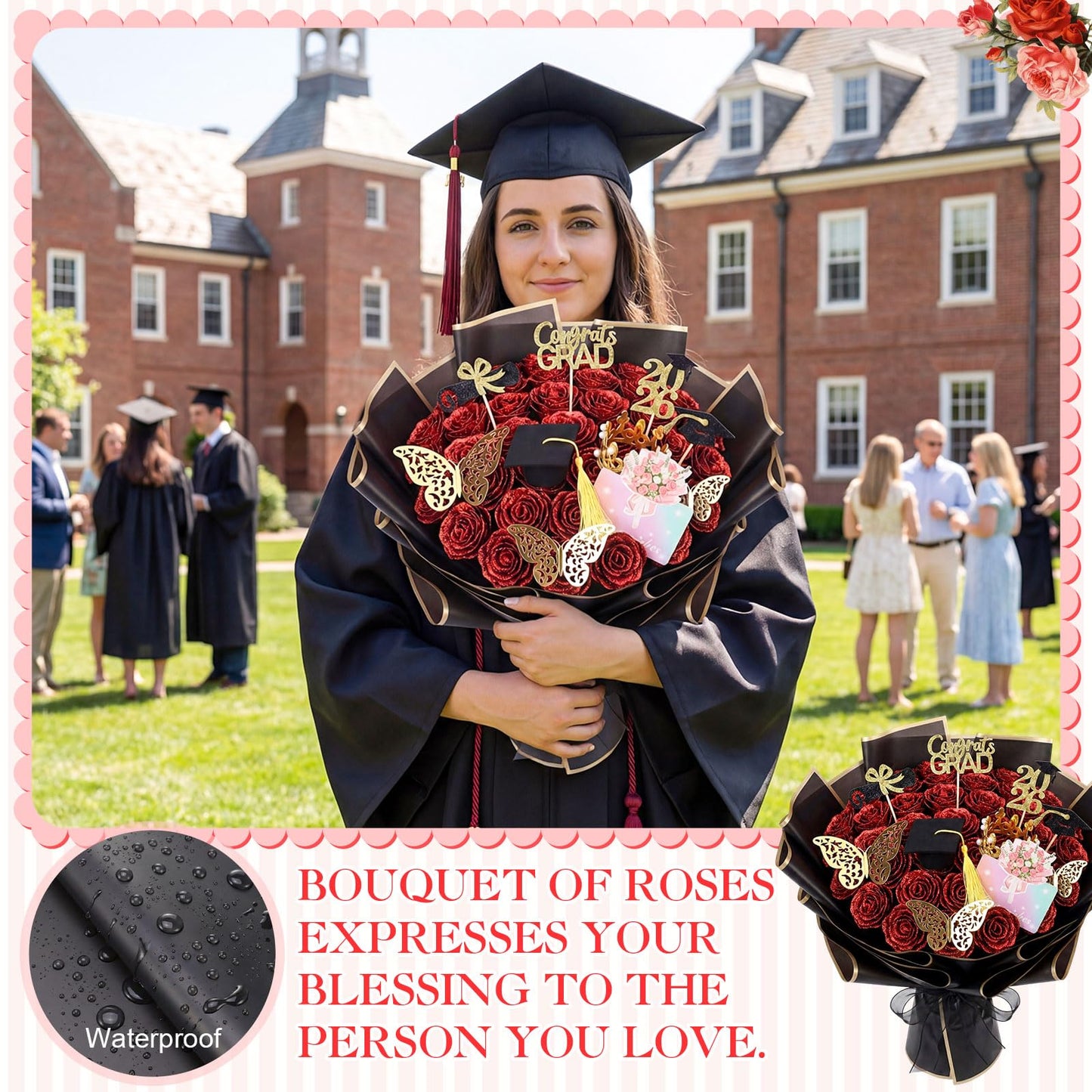 Maysing 48 Pcs Red Glitter Rose Bouquet DIY Kit, Graduation Gifts for Her Class of 2026, Sparkly Artificial Flowers with Crown 3D Butterflies and Cards, Class of 2026 Senior Graduation Bouquet