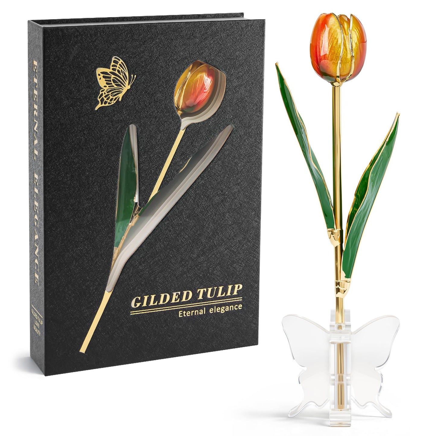 Mikasol 24K Gold Dipped Real Tulip – Amber Glow, Warm Forever Flower with Book-Style Gift Box & Butterfly Stand, Perfect for Her, Wife, Mom, Birthday, Anniversary