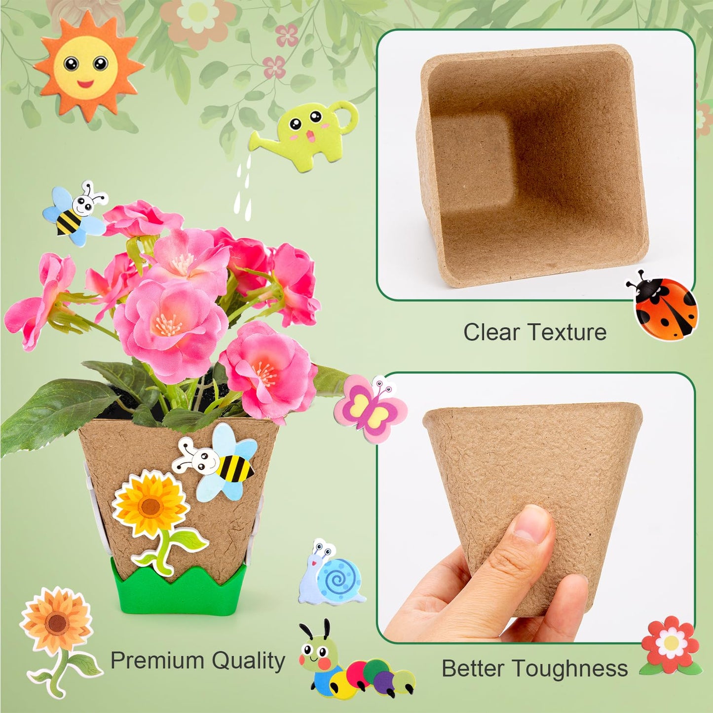 Ayfjovs 30 Pack Garden Paper Pot Craft Kit, Square Plant Pots with 120 PCS Adhesive Foam Stickers & 30 PCS Plant Pots Labels, Plant Craft for Classroom DIY Planting, Kids Summer Craft, Father's Day