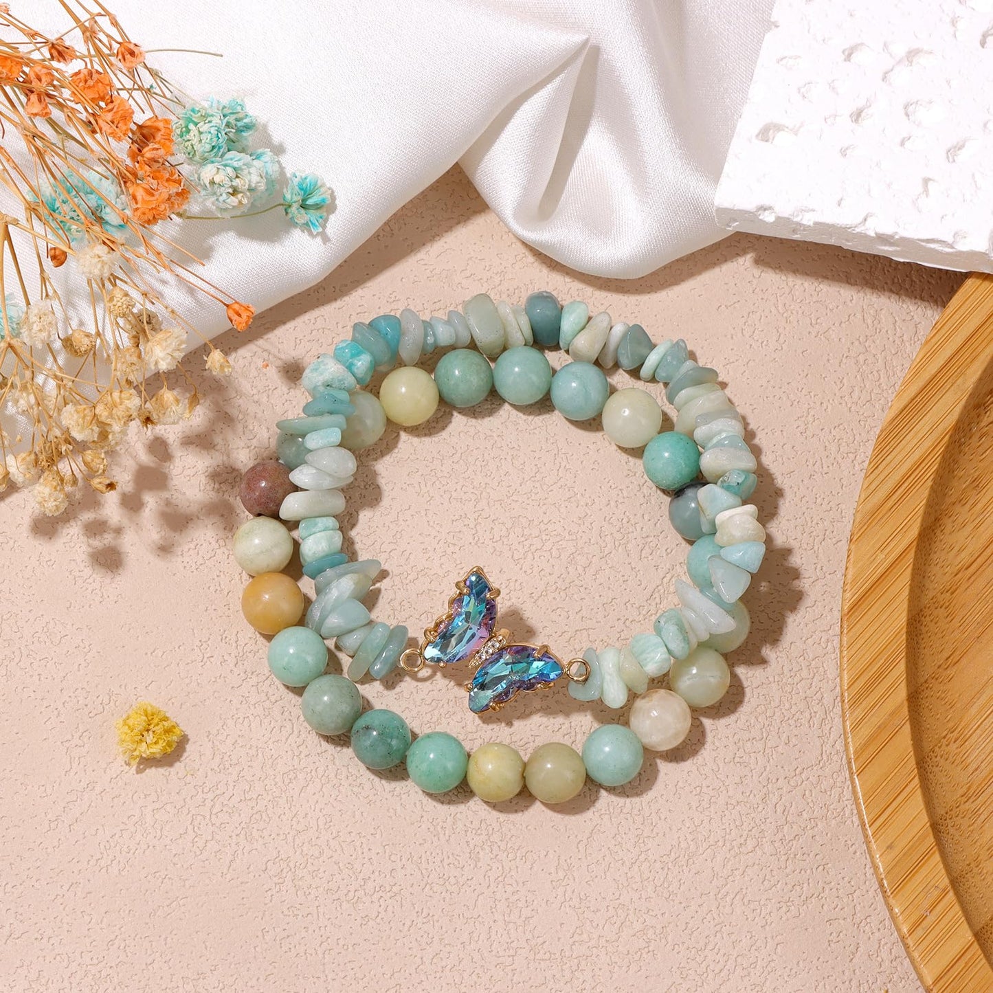 GolbalJew Amazonite Stone Bracelet for Women Healing Crystal Stone Bracelets Blue Gemstone Beads Stretch Bracelet Butterfly Charms Jewelry Women Gift