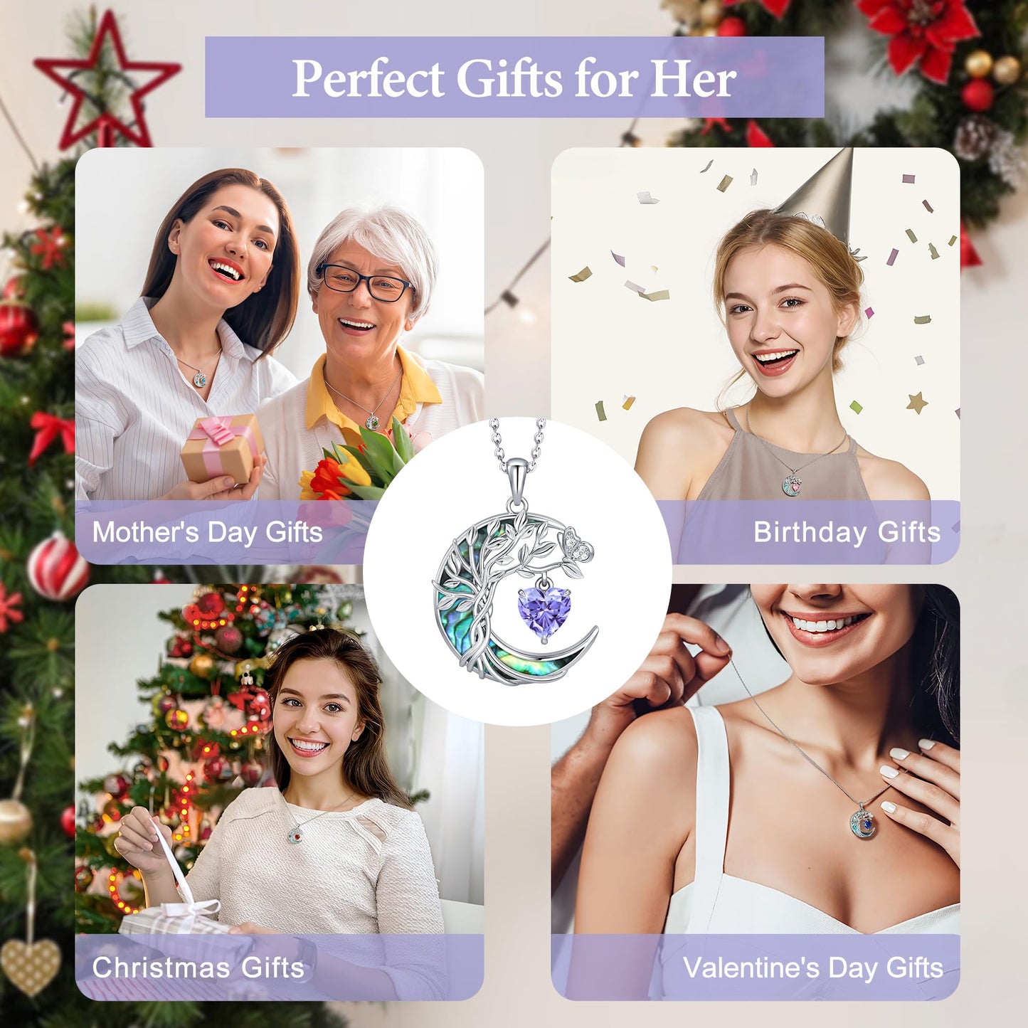 Distance Tree of Life Birthstone Necklace for Women, S925 Sterling Silver Premium Abalone Shell Moon Pendant June Heart Birthstone Necklace, Alexandrite Jewelry Christmas Birthday Gifts for Her Wife