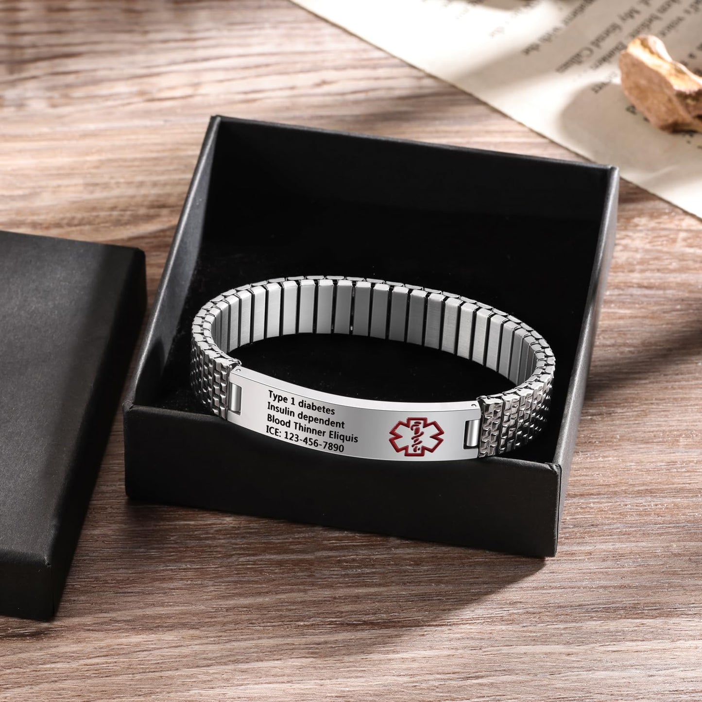 Bijouweled Medical Alert Bracelet for Women Men 7.5 to 9.8 Inches Emergency ID Bracelets Free Engraving Personalized Medic Alert Bracelet for Adult (Silver 7.3inch stretchable)