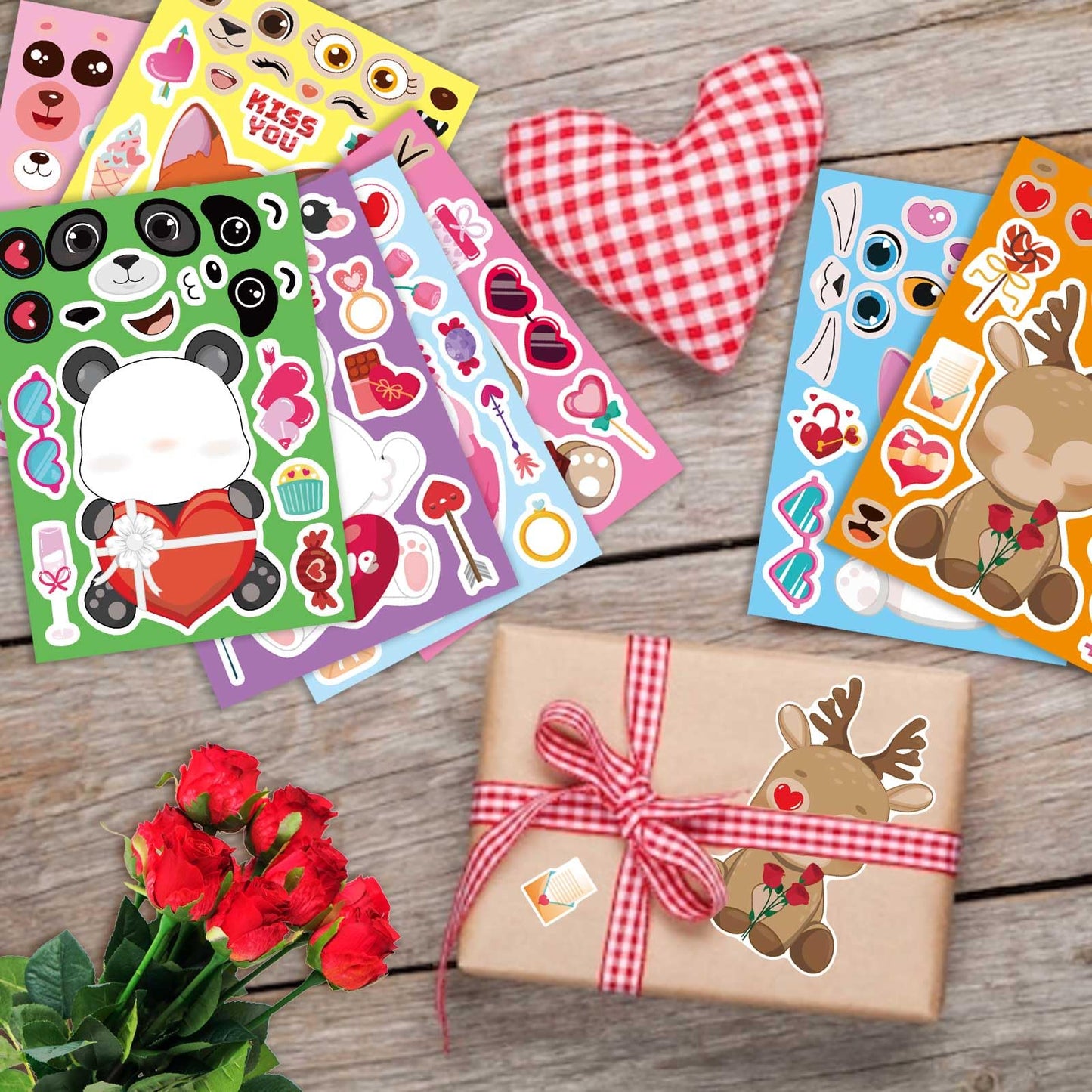 32 Sheets Valentine Stickers for Kids, Valentine's Day Make a Face Stickers, Make Your Own Stickers 8 Designs of Animal Owl Rabbit Bear Stickers for Boys Girls