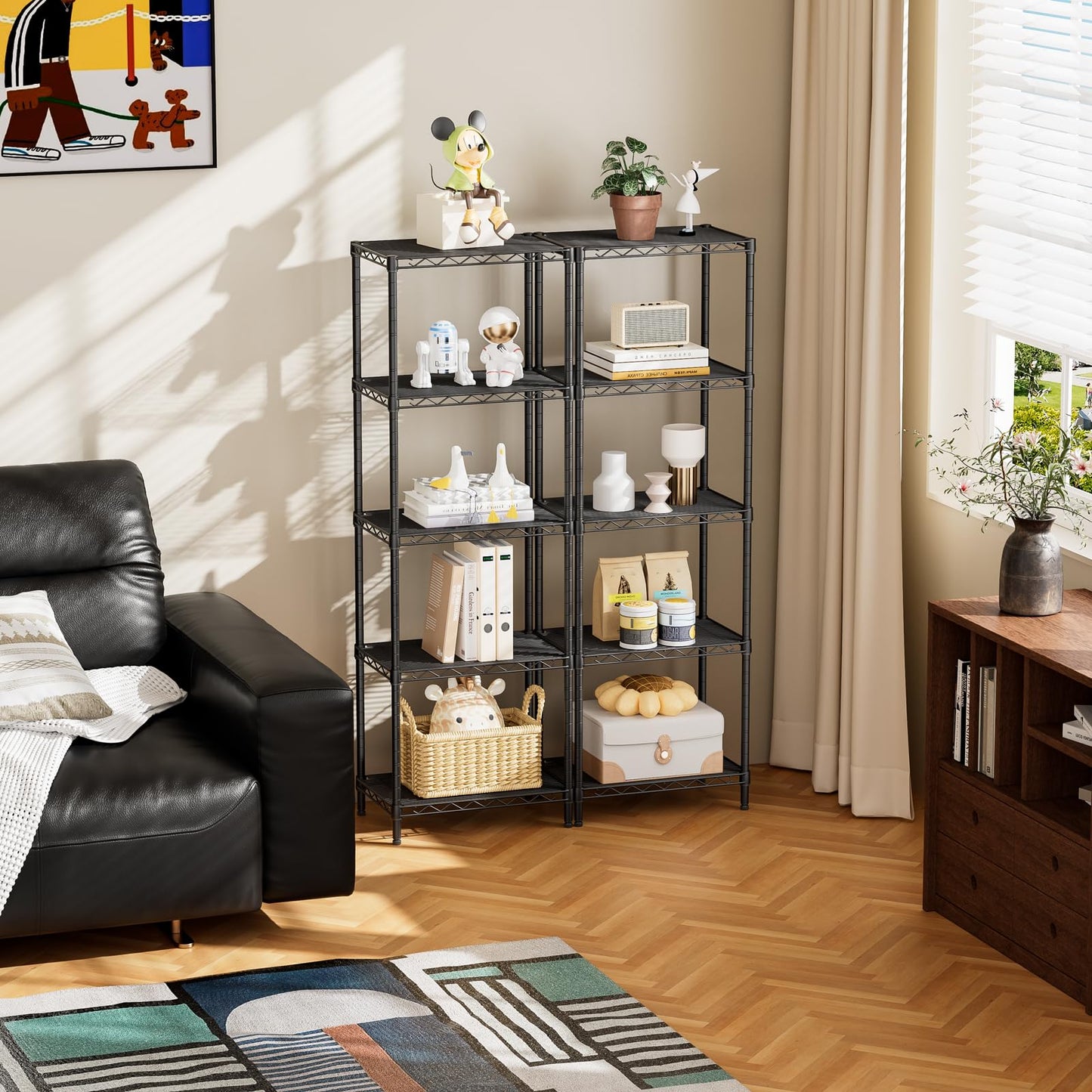 SINGAYE Metal Shelves Wire Shelving：Storage Rack Standing Units Shelf for Kitchen Laundry Bathroom Closet Organizers Pantry Narrow Mesh Adjustable 10" D x 16" W x 55" H Black