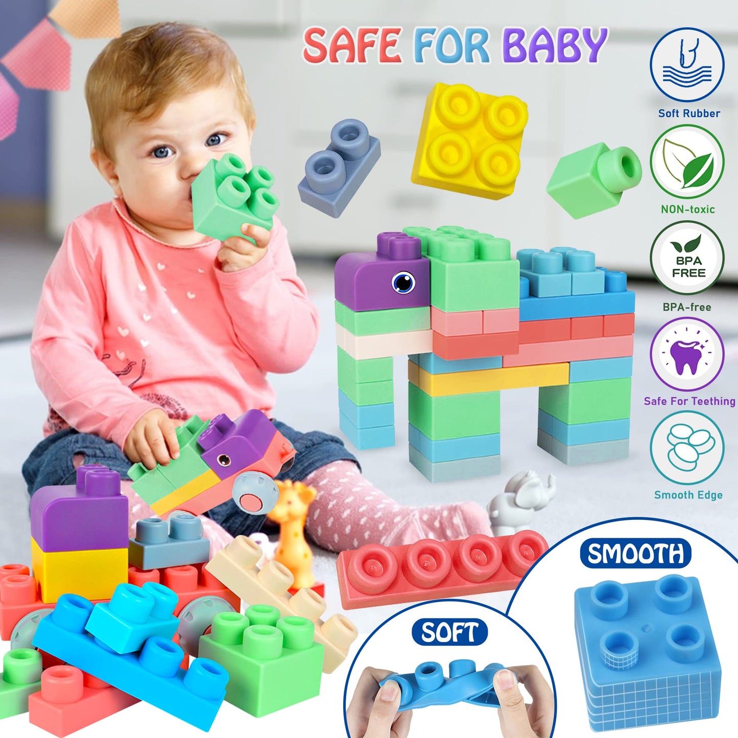 ROHSCE Soft Building Blocks for Toddlers, Montessori Baby Busy Board Sensory Toys STEM Toddler Gifts Busy Board for Babies 6-12 Months Fine Motor Skills Toys