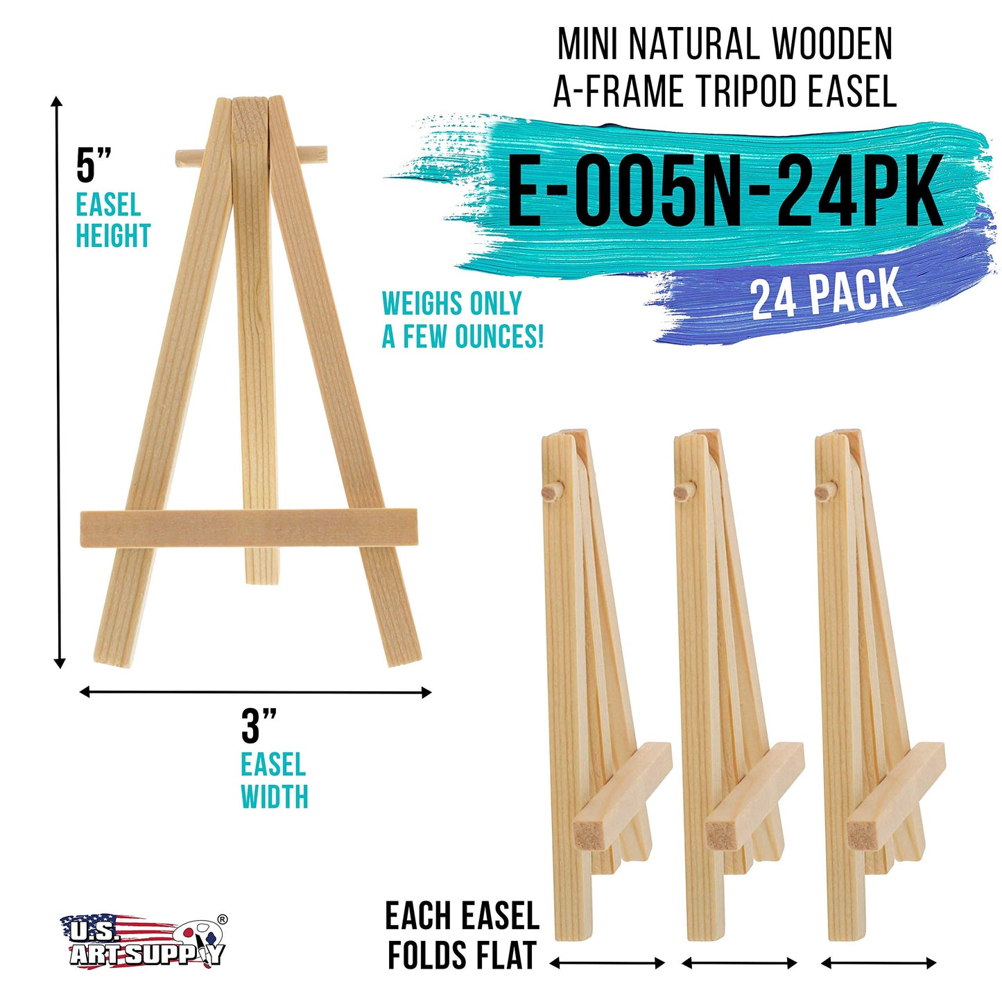 U.S. Art Supply 5" Mini Easel (24 Pack) - Natural Wooden A-Frame Tabletop Display Stand, Mini Easel Stand - Small Easels for Display, Small Canvases, Crafts, Business Cards, Signs, Photos, Gifts