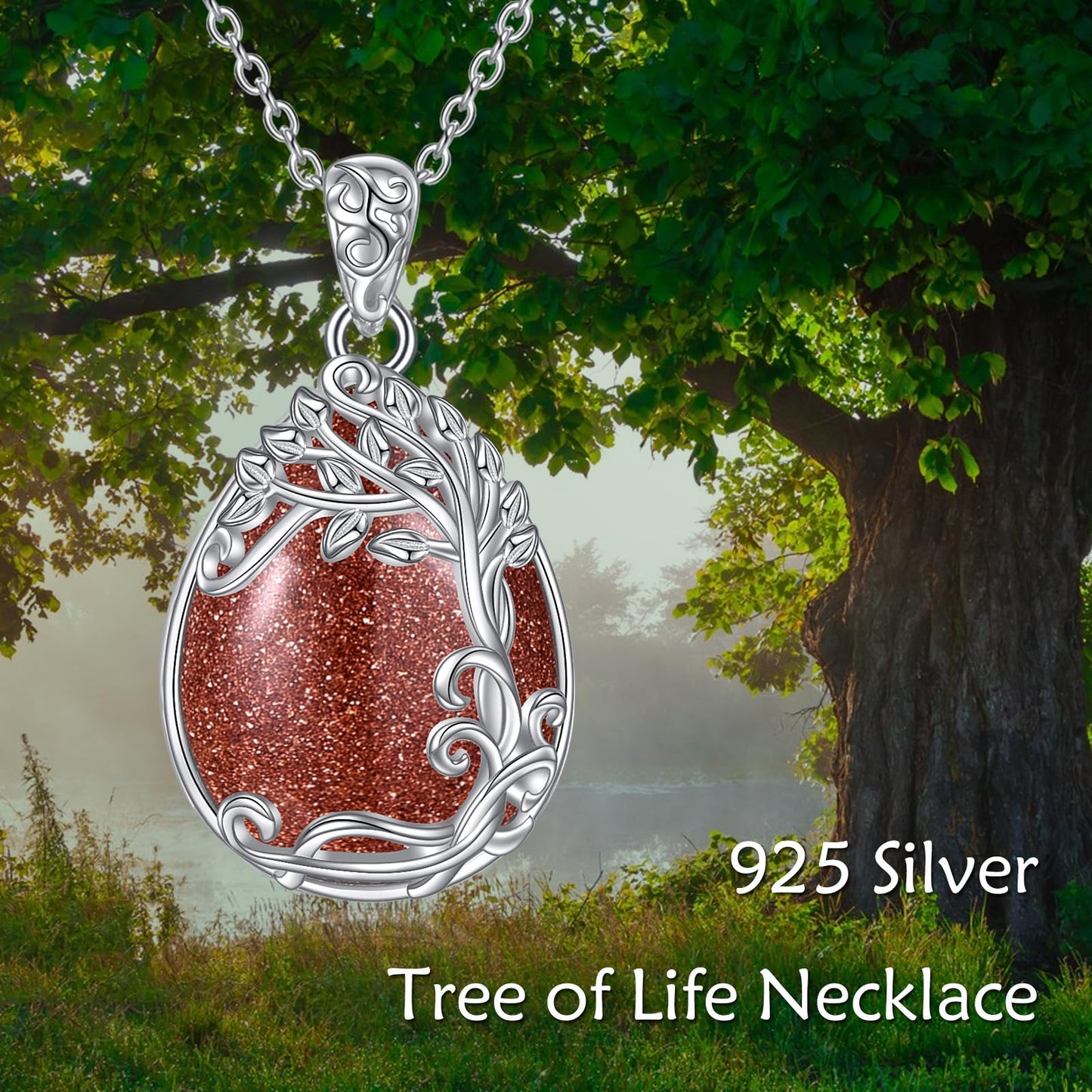 YAFEINI 925 Sterling Silver Gold Sand Stone Necklace Tree of Life Teardrop Pendant Necklace Jewelry for Women (JJ-Tree of Life Gold Sand Stone Necklace)