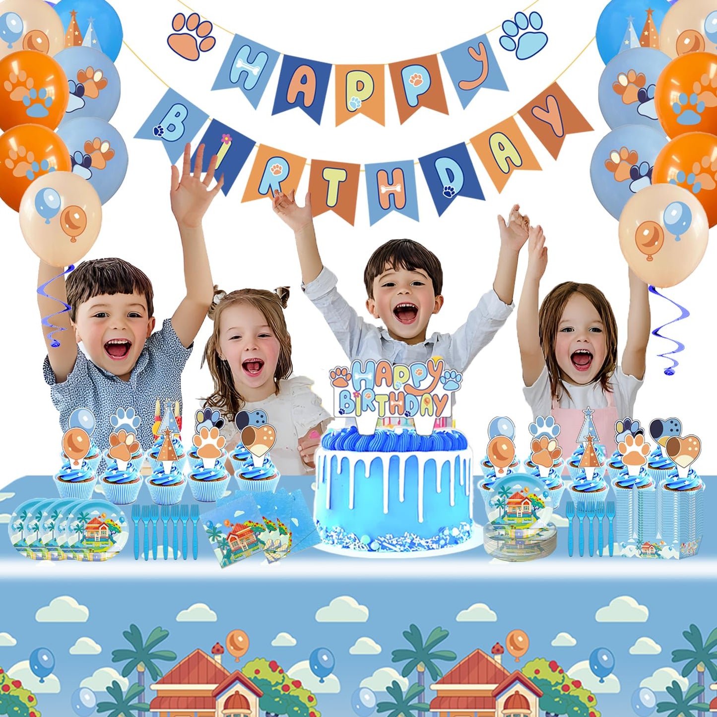 133PCS Blue Birthday Party Supplies - Serves 20 Guests，Blue Birthday Decorations, Blue Plates and Napkins, Tablecloth, Balloons, Banner, Cake Toppers, Fork & Paper Food Trays - Party Supplies