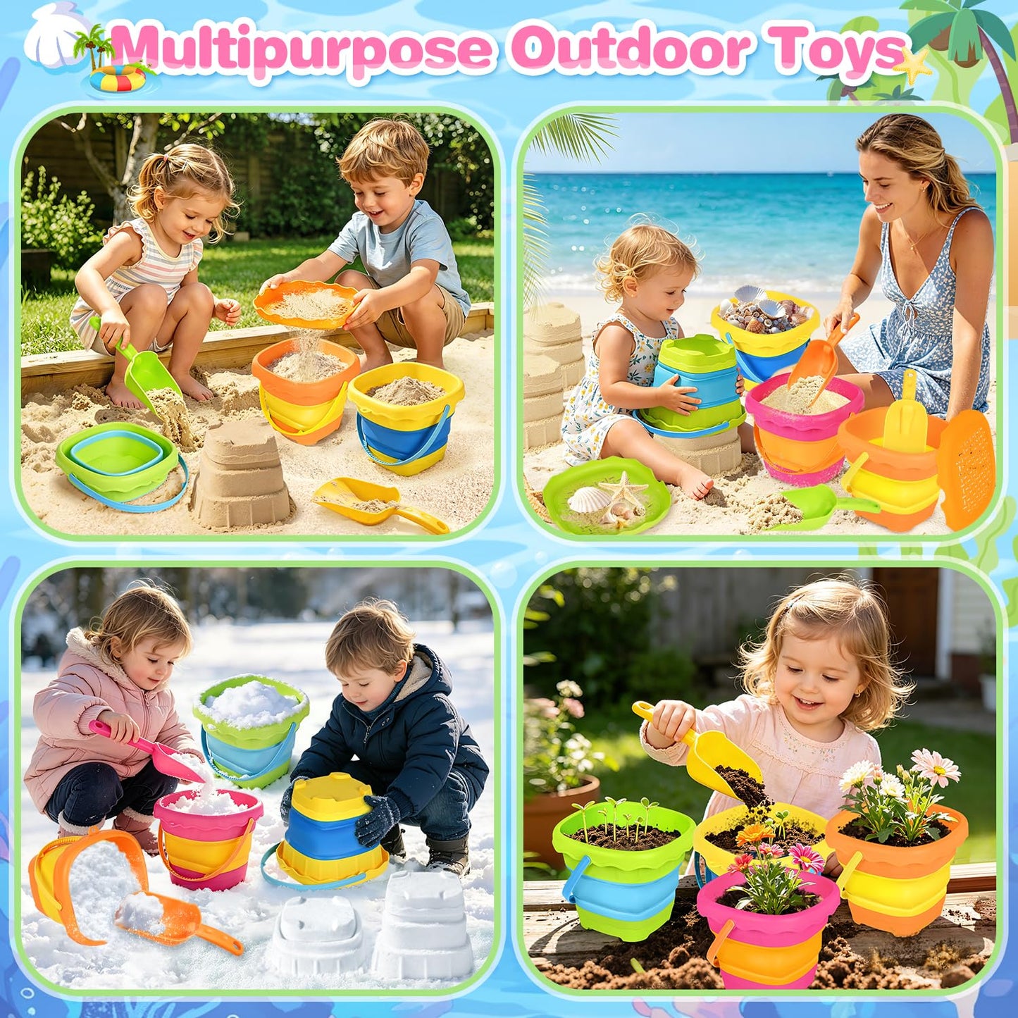 SpringFlower Beach Toys for Kids,Sand Toys for Toddlers with Collapsible Beach Buckets & Shovels Set,Travel Sandbox Toys for Toddlers Gifts Boys Girls Summer Outdoor Toys