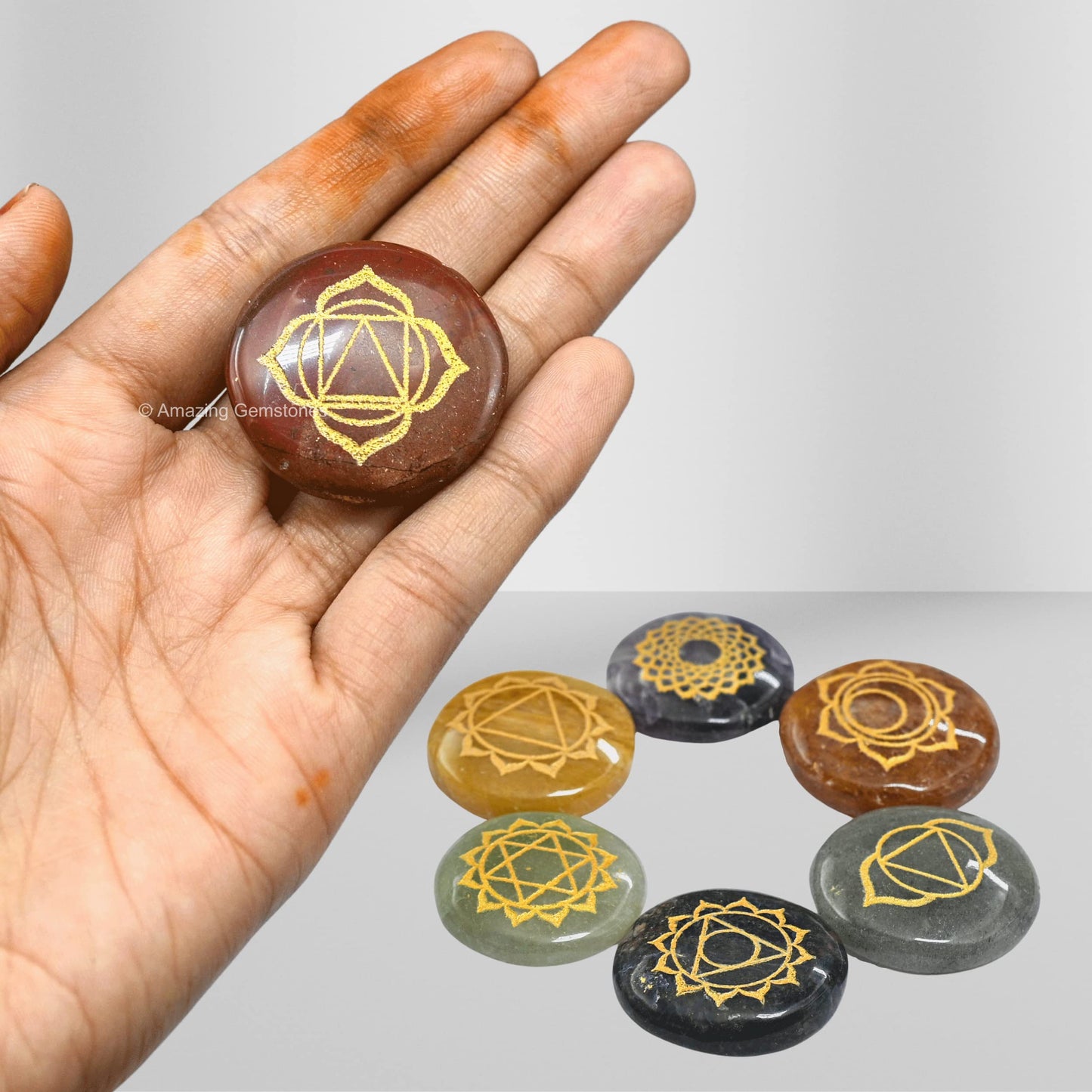 Amazing Gemstone 7 Chakra Set Reiki Healing Crystal with Engraved Chakra Symbols - Chakra Balancing Polished Palm Stones Set with Velvet Pouch