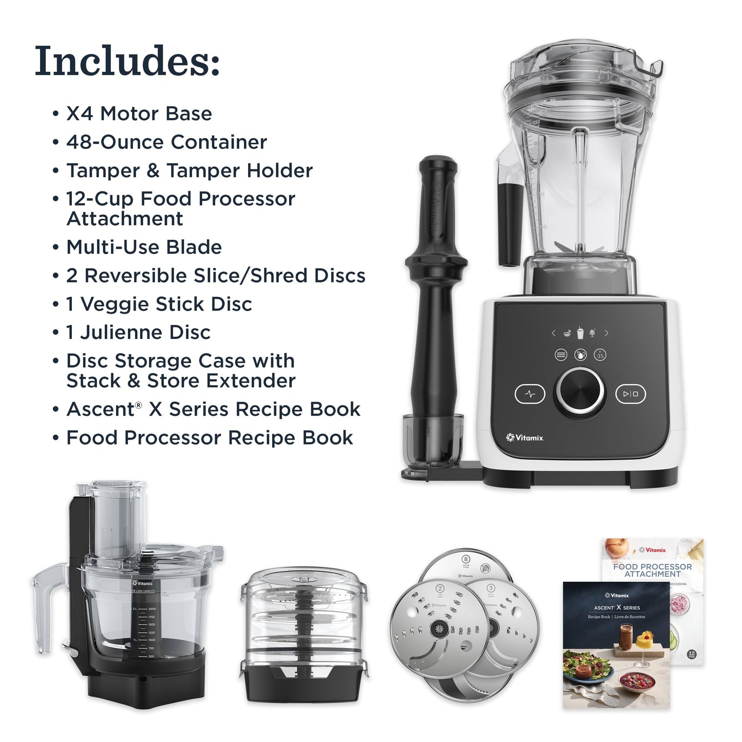 Vitamix Ascent X4 Gourmet SmartPrep Kitchen System, Professional-Grade Blender, Stainless-Steel Blades, 12-Cup Food Processor Attachment with 4 Discs, 48 Oz Blender Container, White