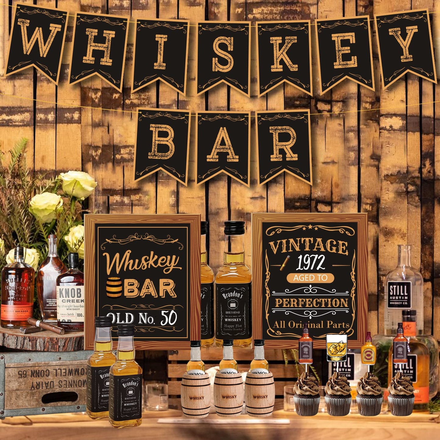 Whiskey Bar Decoration Kit, DIY Whiskey Bar Sign Aged to Perfection Party Sign Cake Toppers for Men 30th 40th 50th Birthday Decorations Aged to Perfection Party Supplies