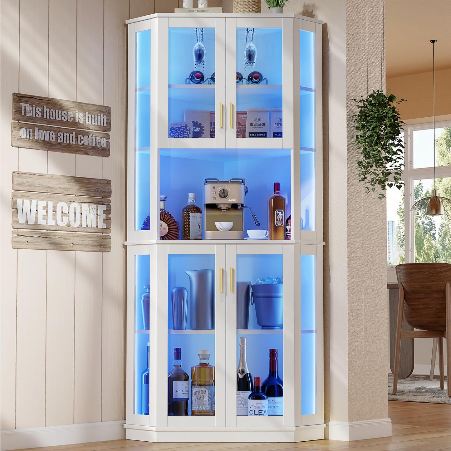 Loomie 71'' Corner Wine Bar Cabinet with LED Lights,5-Tier Tall Home Liquor Coffee Bar Cabinet W with Tempered Glass Door & Glasses Rack, Alcohol Cabinet Storage Hutch for Kitchen,Living Room (White)