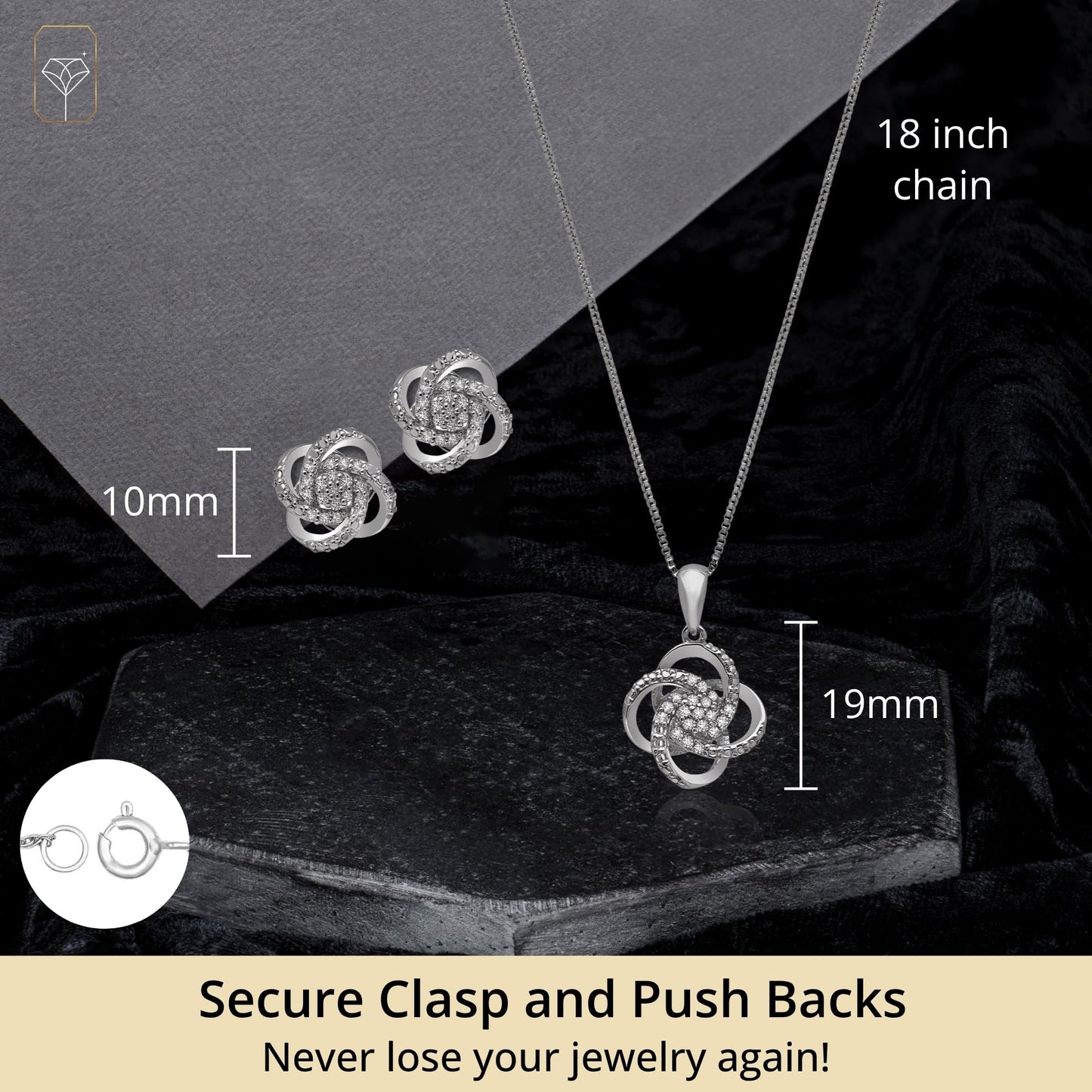 MAX + STONE 1/4 Carat Natural Diamond Love Knot Stud Earrings and Pendant Necklace for Women | Hypoallergenic 925 Sterling Silver Diamond Love Knot Jewelry Sets with 18 Inches Chain and Gift Box