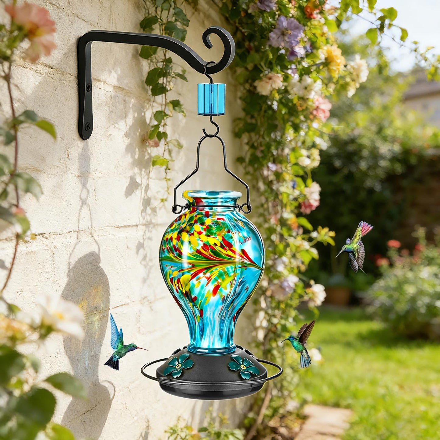 Tegarbed Hand Blown Glass Hummingbird Feeders for Outdoors Hanging, 24oz Wild Bird Nectar Feeder with Ant Moat and Perch, Bee-Resistant Ports, Garden Decor, Gifts for Women Mom, 1 Pack, Blue Phoenix
