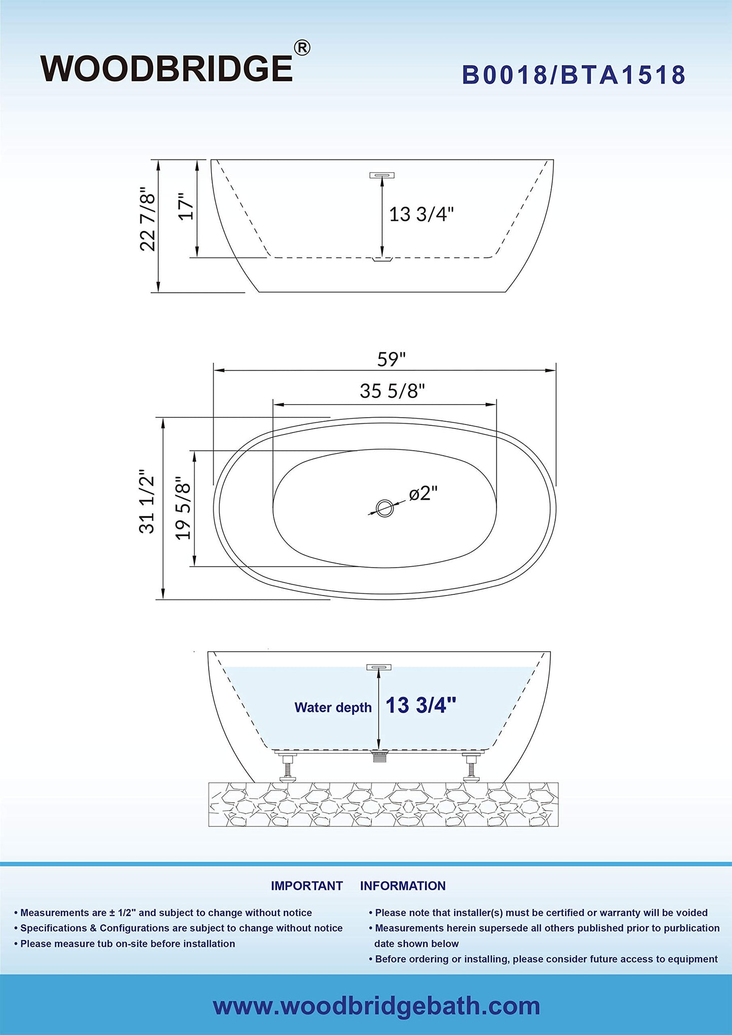 WOODBRIDGE 59"Freestanding White Acylic Soaking Bathtub with Brushed Nickel Drain and Overflow,BTA1518 -B/N-Drain &O
