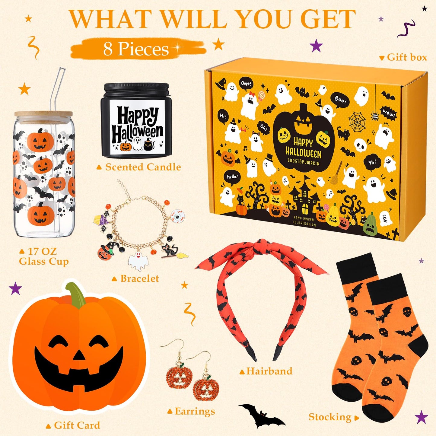 Daifunli Halloween Basket Stuffers for Women Teen Girls 8 Pcs Cute Halloween Boo Gift Set for Adult with 17oz Tumbler Glass Cups with Lids and Straws Scented Candle Spooky Socks and Self Spa Gift