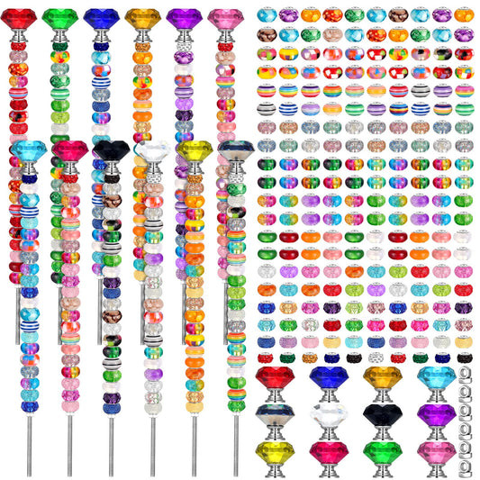 Tigeen 236 Pcs Garden Stake DIY Fairy Wand Plant Stake with 12 Colorful Crystal Stopper Top 12 Threaded Rod with 200 Large Hole Bead for Spring Summer Holiday Outdoor Decorations(Classic)