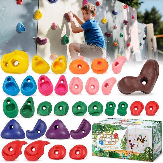 TOPNEW 32 Rock Climbing Holds Multi Size for Kids, Adult Rock Wall Holds Climbing Rock Wall Grips for Indoor and Outdoor Playground Play Set - Includes 2 Inch Mounting Hardware