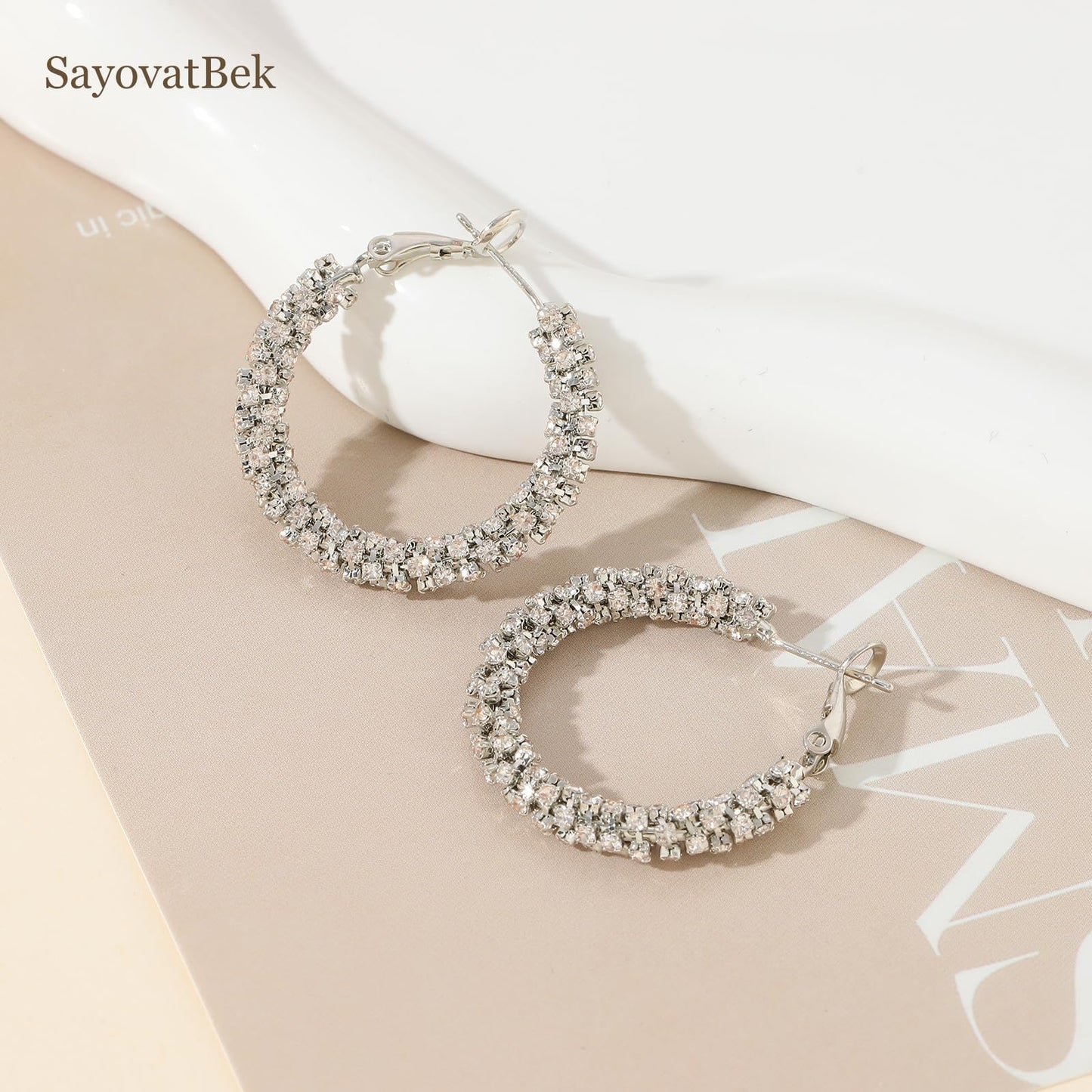 SayovatBek 14K Gold Plated 25–35mm Lightweight Hoop Earrings for Women, Cubic Zirconia, 925 Sterling Silver Post, Hypoallergenic Jewelry
