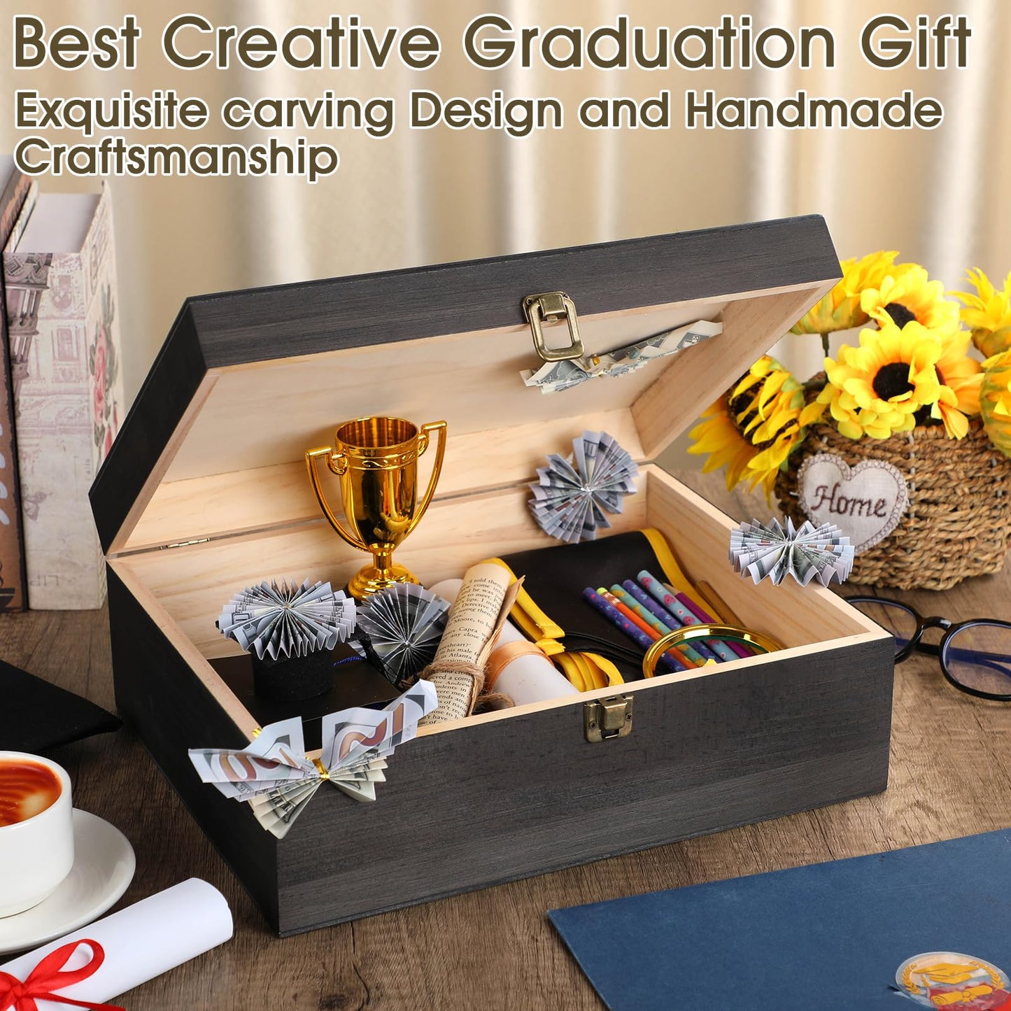 Geelin Graduation Keepsake Wooden Box Class of 2026 Graduation Cap Large Keepsake Box Graduate Wooden Engraving Memento Case for High School College Memory Gifts 13 x 10.5X 5inch(Black)