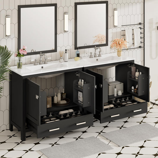 Merax 72 Inch Black Bathroom Vanity with Double Sinks, Modern Freestanding Cabinet with Soft Close Doors, Ample Storage (Divided Drawer, Shelves), Ceramic Sinks & Overflow (2 Separate Units), Black