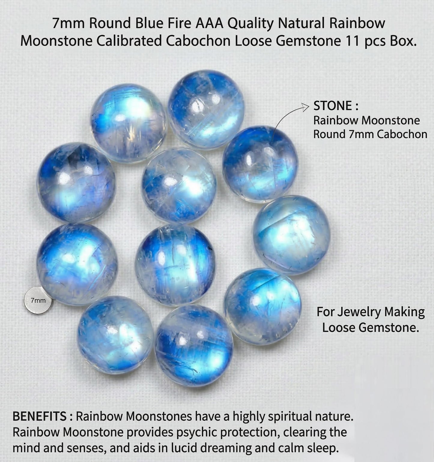7mm Round Blue Fire AAA Quality Natural Rainbow Moonstone Calibrated Cabochon Loose Gemstone 11 pcs Box.
