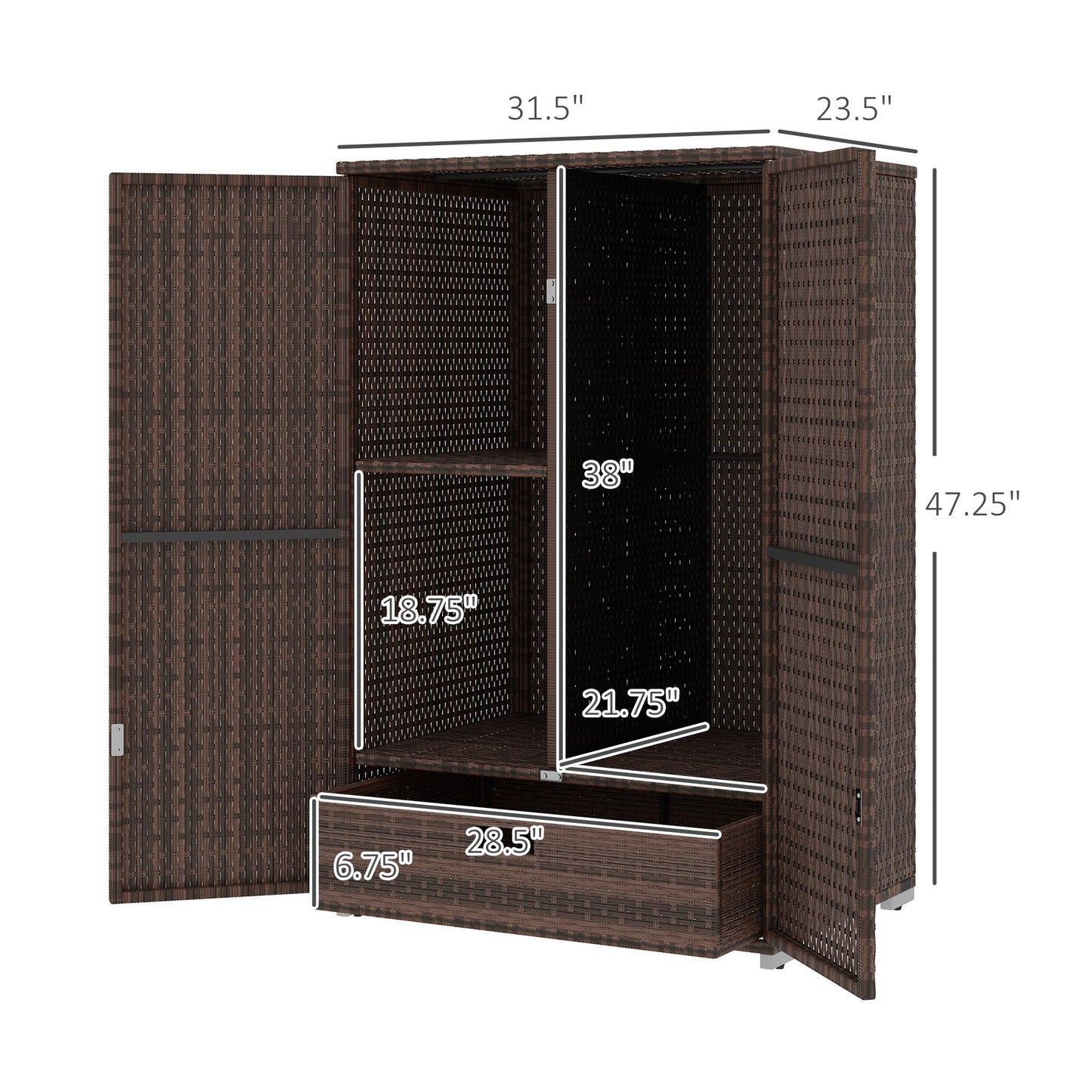 Outsunny Wicker Outdoor Storage Cabinet with Shelves, 2-Door Rattan Pool Towel Storage Cabinet with Removable Shelf & Drawer, Outdoor Towel Holder for Garden, Backyard, Porch, Mixed Brown