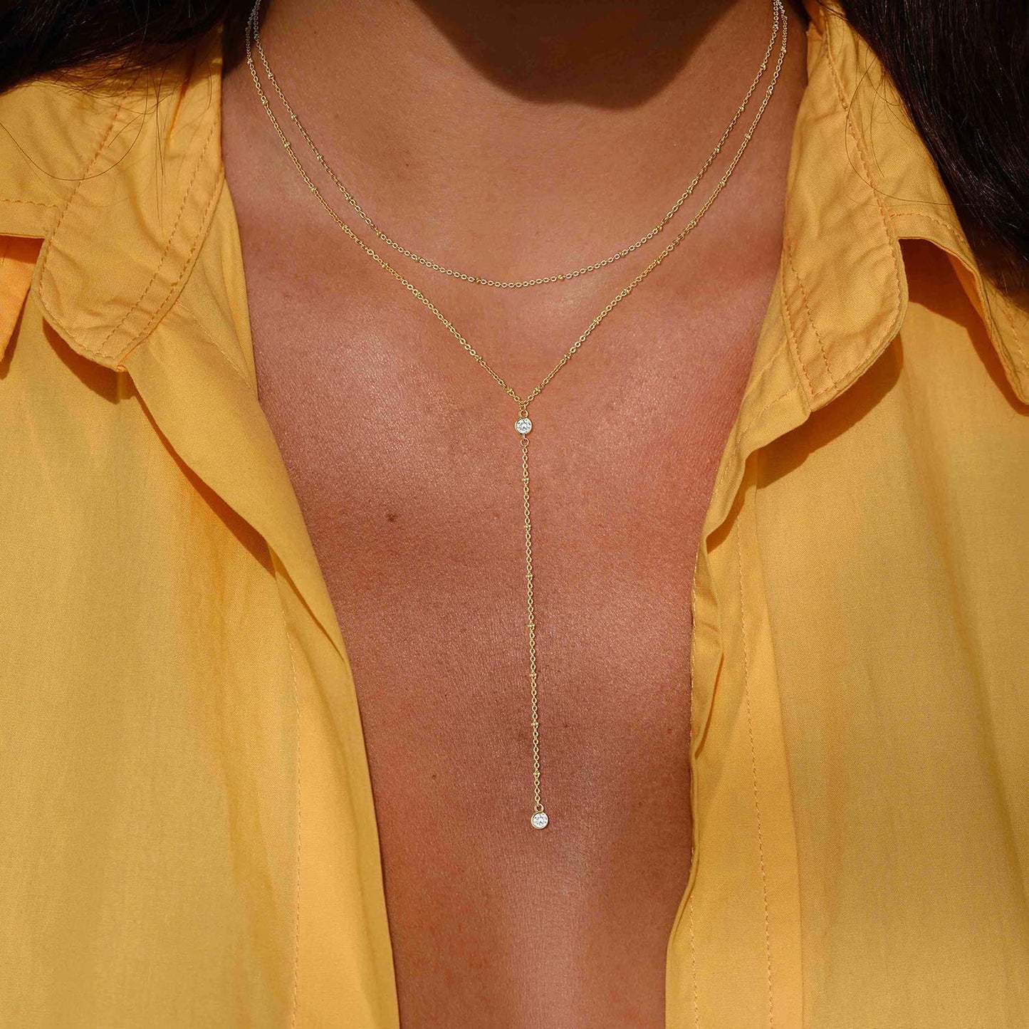 Poaiiu Lariat 14k Gold Plated Necklace for Women, Dainty Long Layered Y Necklaces CZ Pendant Beaded Choker Necklace Simple Trendy Gold Jewelry Gift for Women