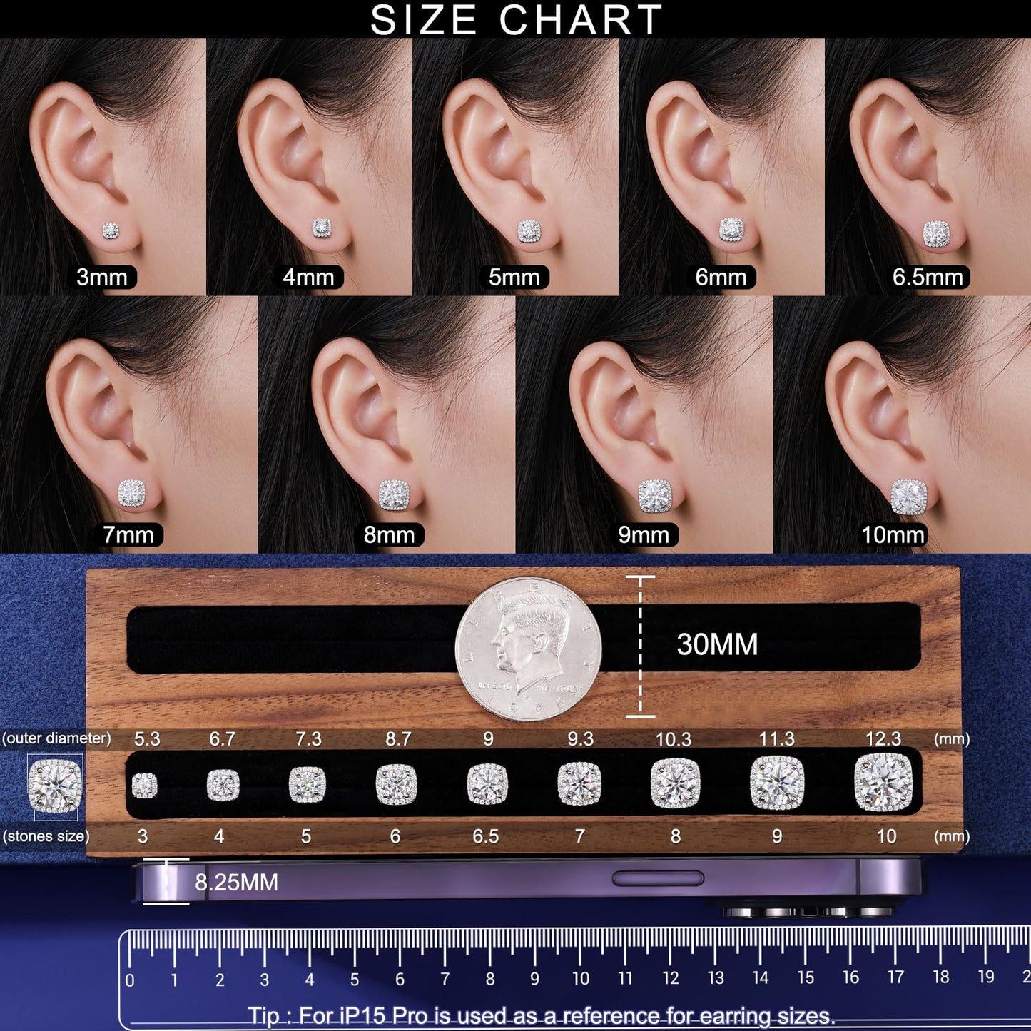 Gugots Moissanite Halo Square Stud Earrings Screw Back 925 Sterling Silver Lab Brilliant D Color VVS1 Clarity Hypoallergenic Earrings for Women Men 18K White Gold Plated 0.8CT 6MM*2