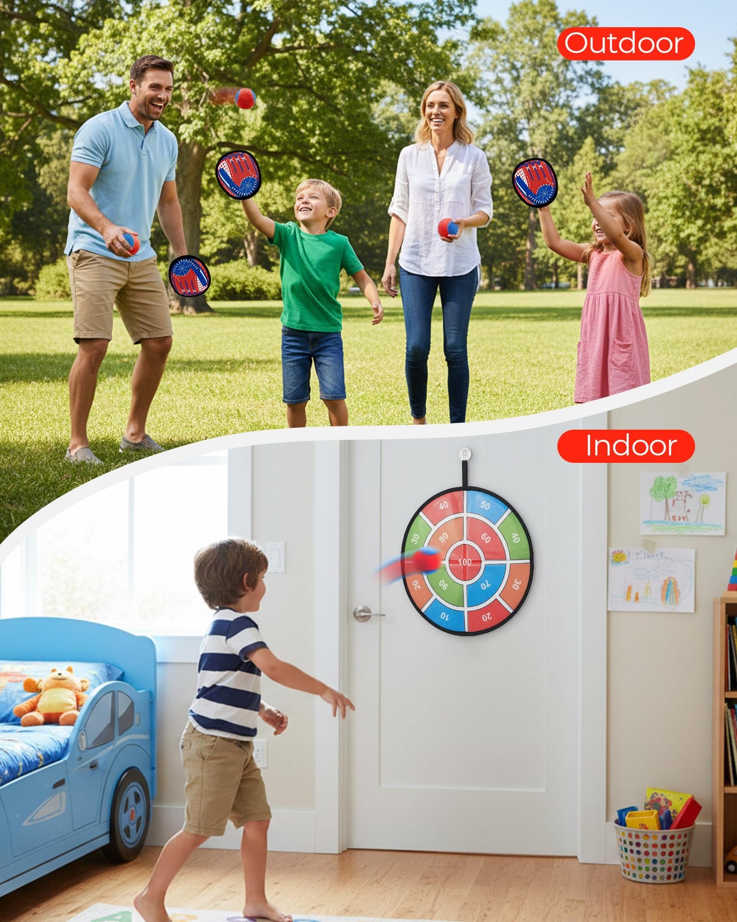 2 in 1 Toss and Catch Ball Game Set, Toddler Baseball Glove for Beach Pool Yard, Kids Sports & Outdoor Play Toys with Target Board, Birthday Gift for Ages 3 4 5 6 7 8-12 Year Old Boys Girls