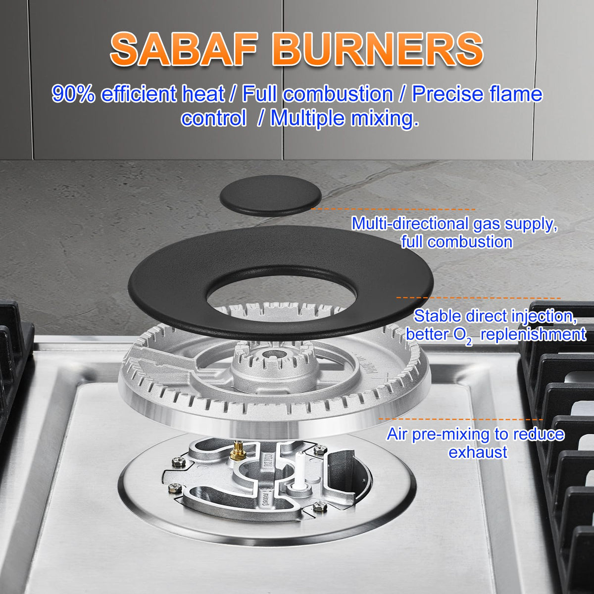 AMZCHEF 36 inch Gas Cooktop with 5 Made in Italy SABAF Power Burners.Max 48300 BTU/hr Built-in Gas Stove top of 304 Stainless steel,NG/LPG Convertible,ETL.