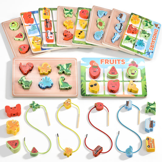 Montessori Wooden Toys for Toddlers 2 3 4: 3-in-1 Theme Sorting, Shape Matching & Color Learning Set - Dinosaur Ocean Vehicle Fruit Chunky Boards - Fine Motor Skills Speech Therapy Gifts