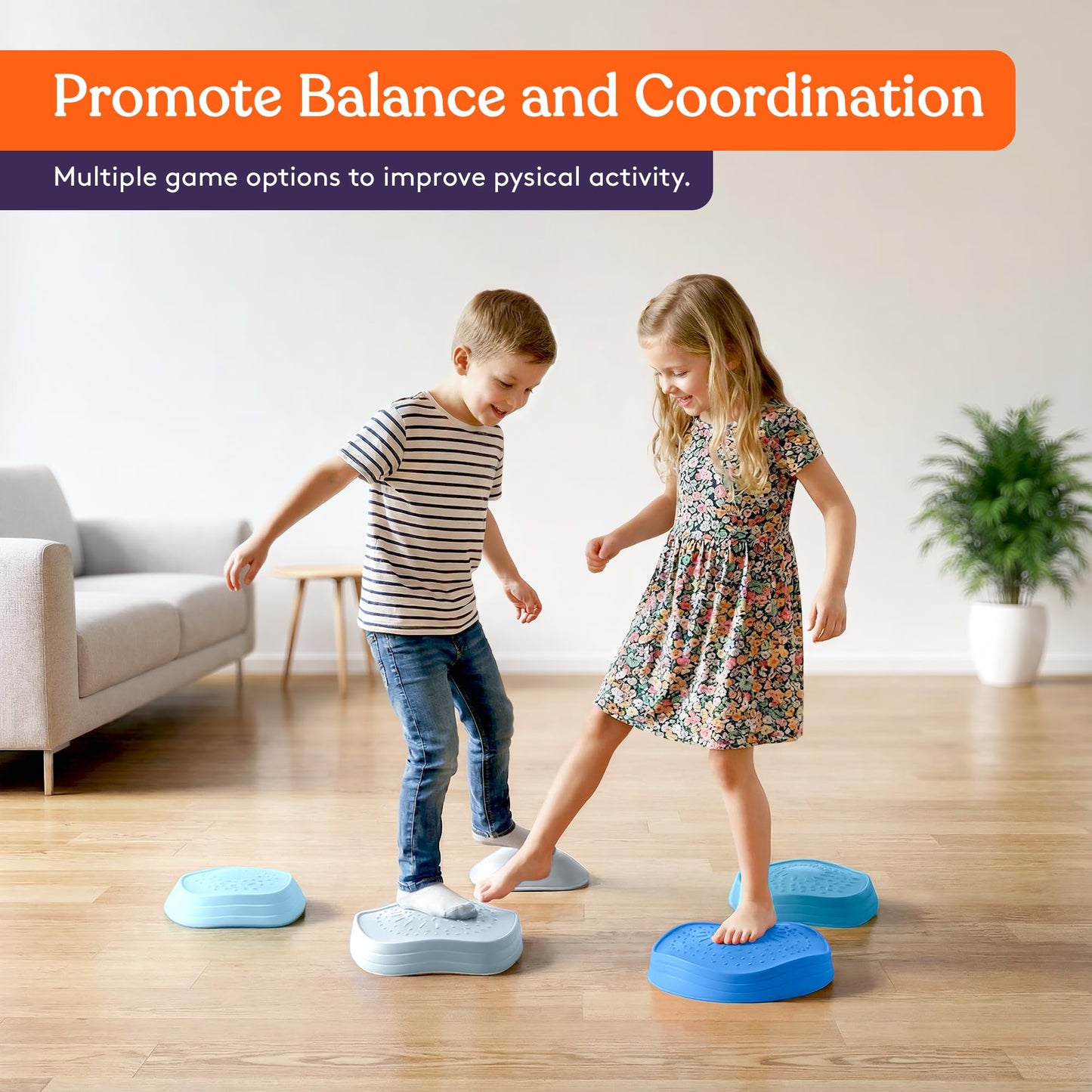 Special Supplies Stepping Stones for Kids, 5 Balance Indoor and Outdoor Blocks Promote Coordination, Balance, Strength, Child Safe Rubber, Non-Slip Edging, Stackable (Ocean)