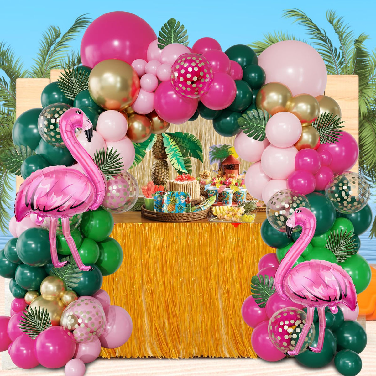 156Pcs Tropical Flamingo Balloon Arch Garland Kit, Hot Pink Dark Green Light Pink Gold Confetti Flamingo Foil Balloons with Palm Leaves for Hawaiian Luau Aloha Summer Beach Birthday Party Decorations