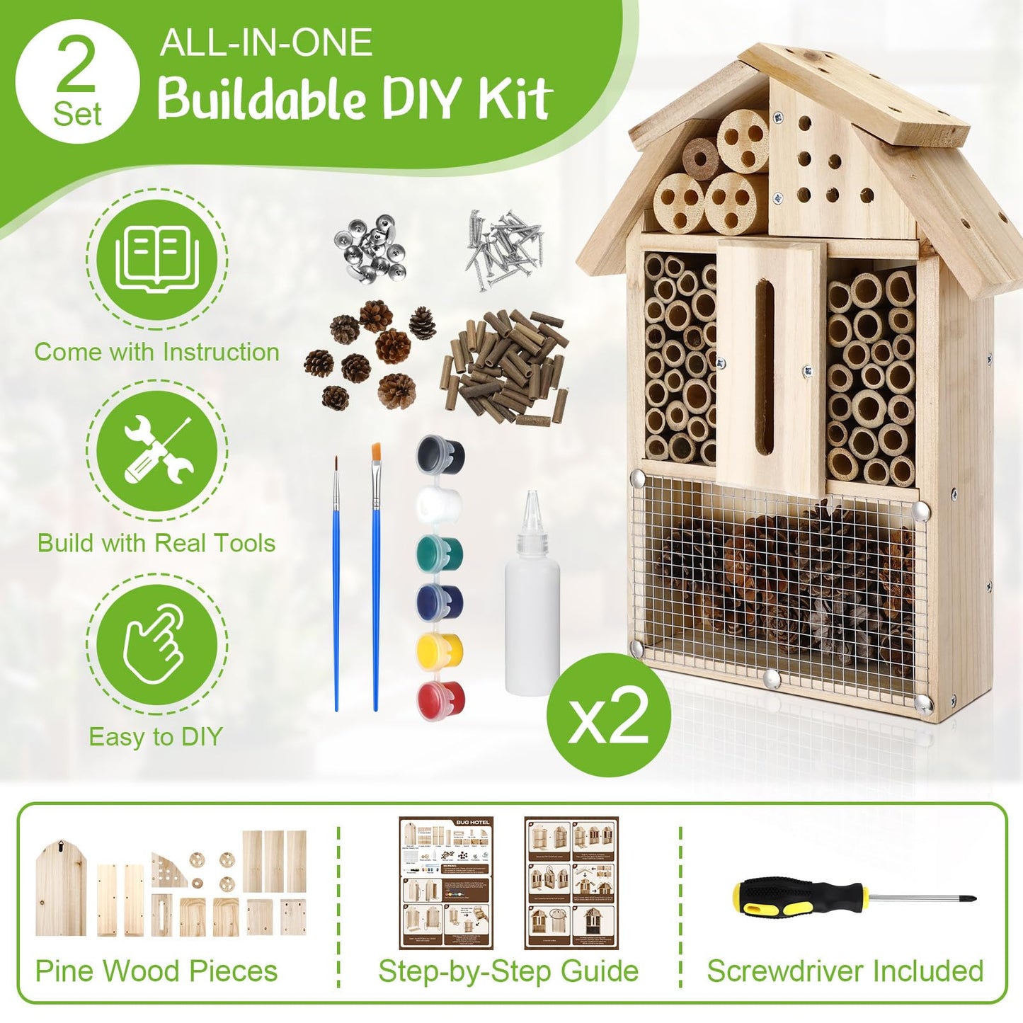 2 Set Bug Hotel Kit DIY Insect Hotel Lady Bug House for Garden DIY Cedar Wood Craft for Butterfly, Ladybird, Beneficial Insect Habitat Mason Bee House, 13.6 x 10.8 x 2.8 Inch(B)